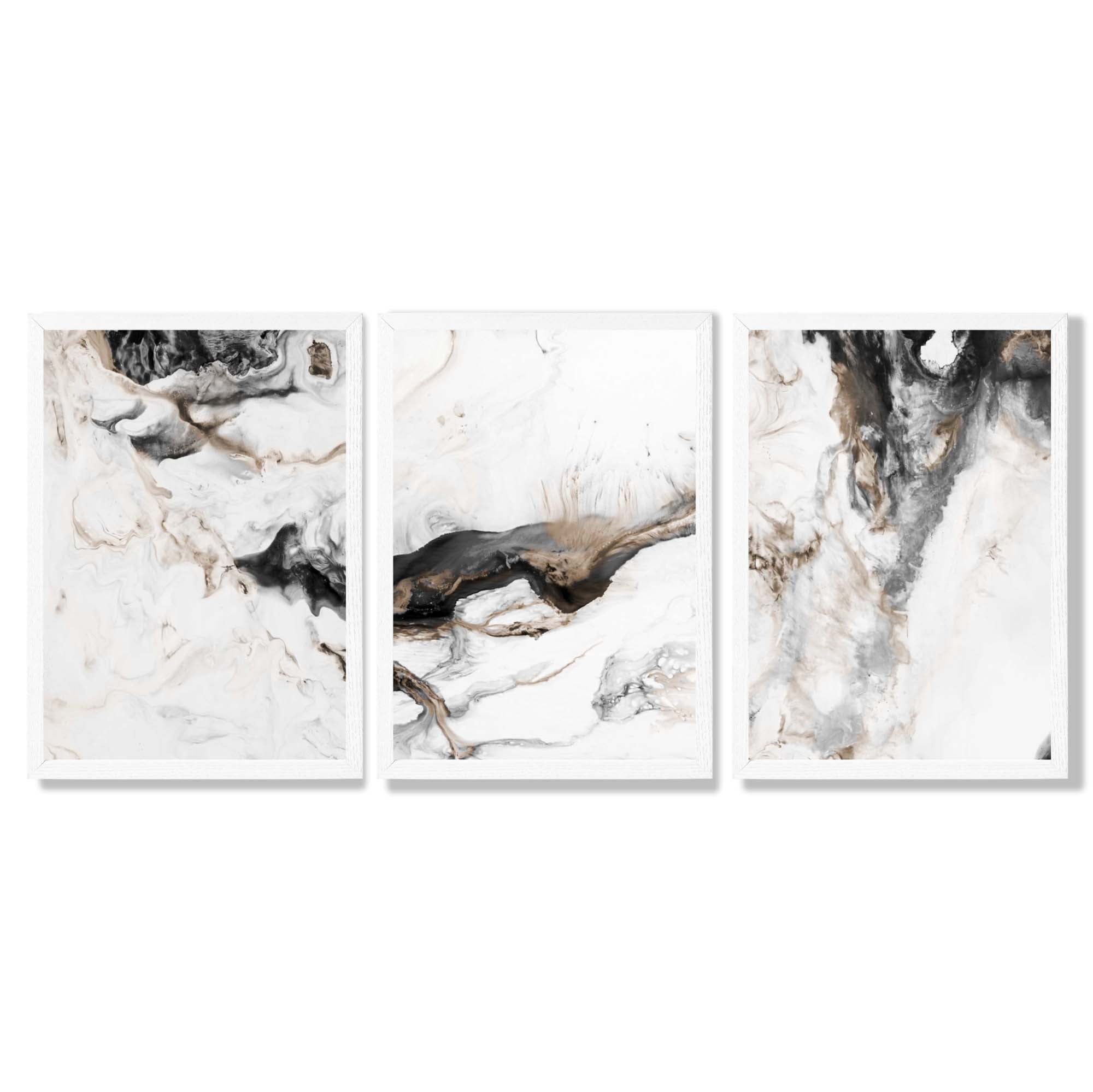 Set of 3 Abstract Beige and Black Framed Art Prints with White Wooden Frames
