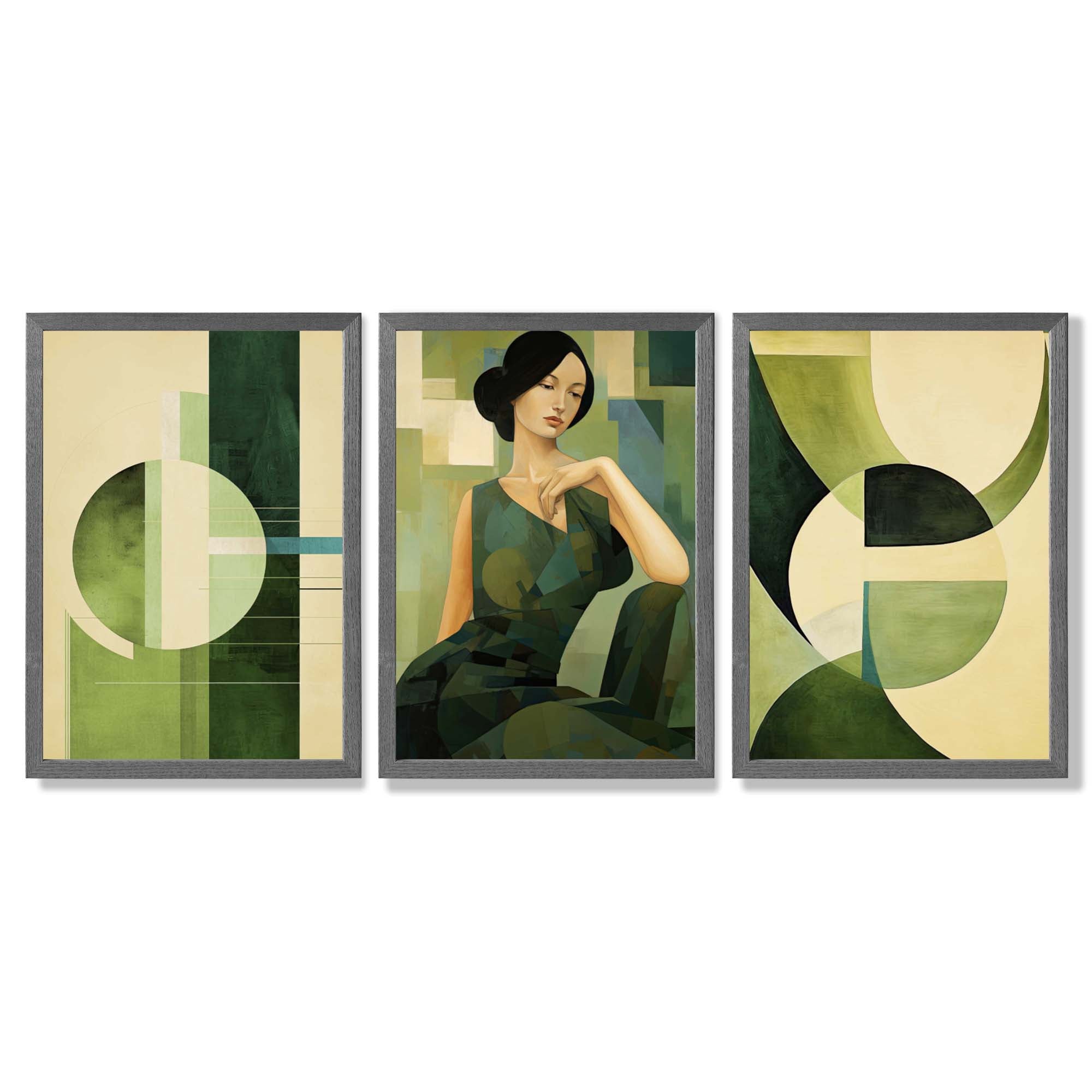 Set of 3 Abstract Green Lady Geometric Framed Art Prints with Dark Grey Wooden Frames