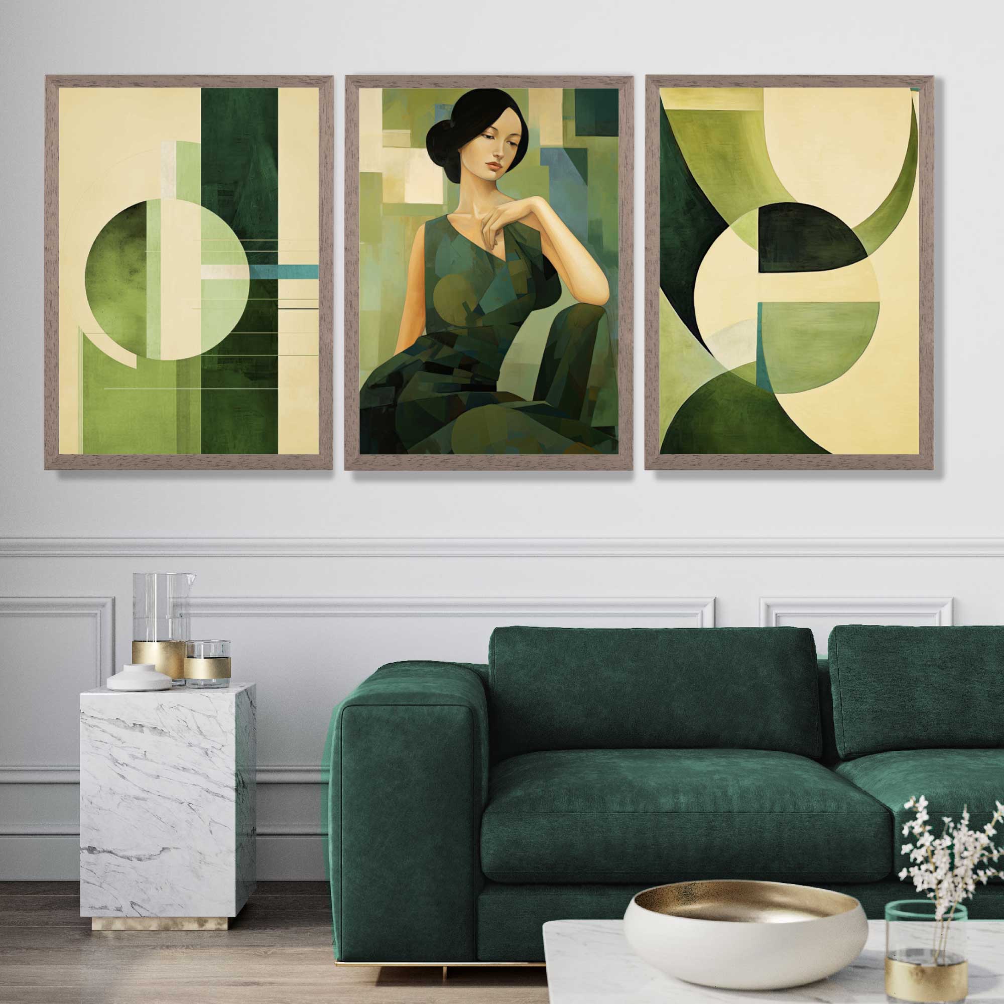 Set of 3 Abstract Green Lady Geometric Art Prints in Black Frames | Artze UK