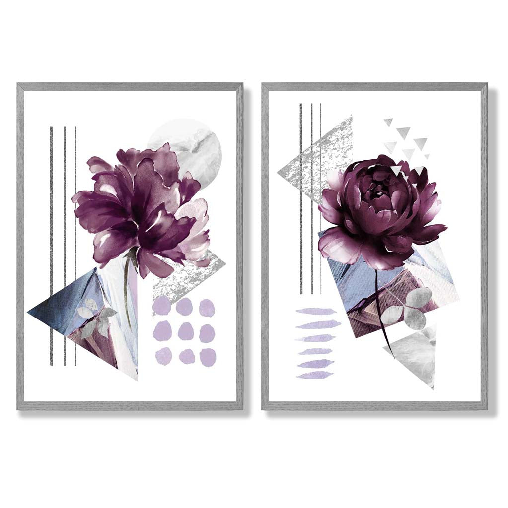 Contemporary Flowers in Purple Set of 2 Art Prints with Light Grey Frame
