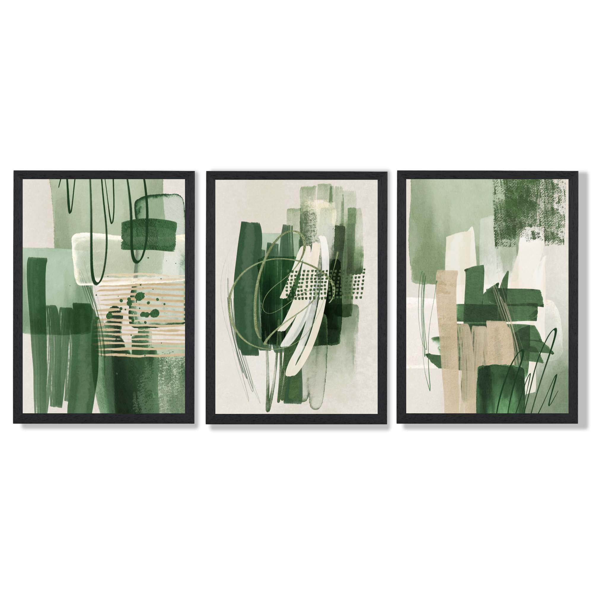 Set of 3 Abstract Green and Beige Strokes Framed Art Prints with Black Wooden Frames