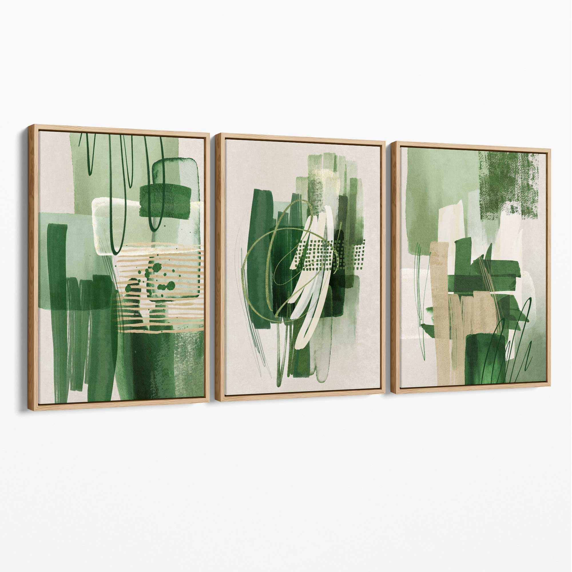 Set of 3 Abstract Green and Beige Strokes Canvas Art Prints with Oak Float Frame