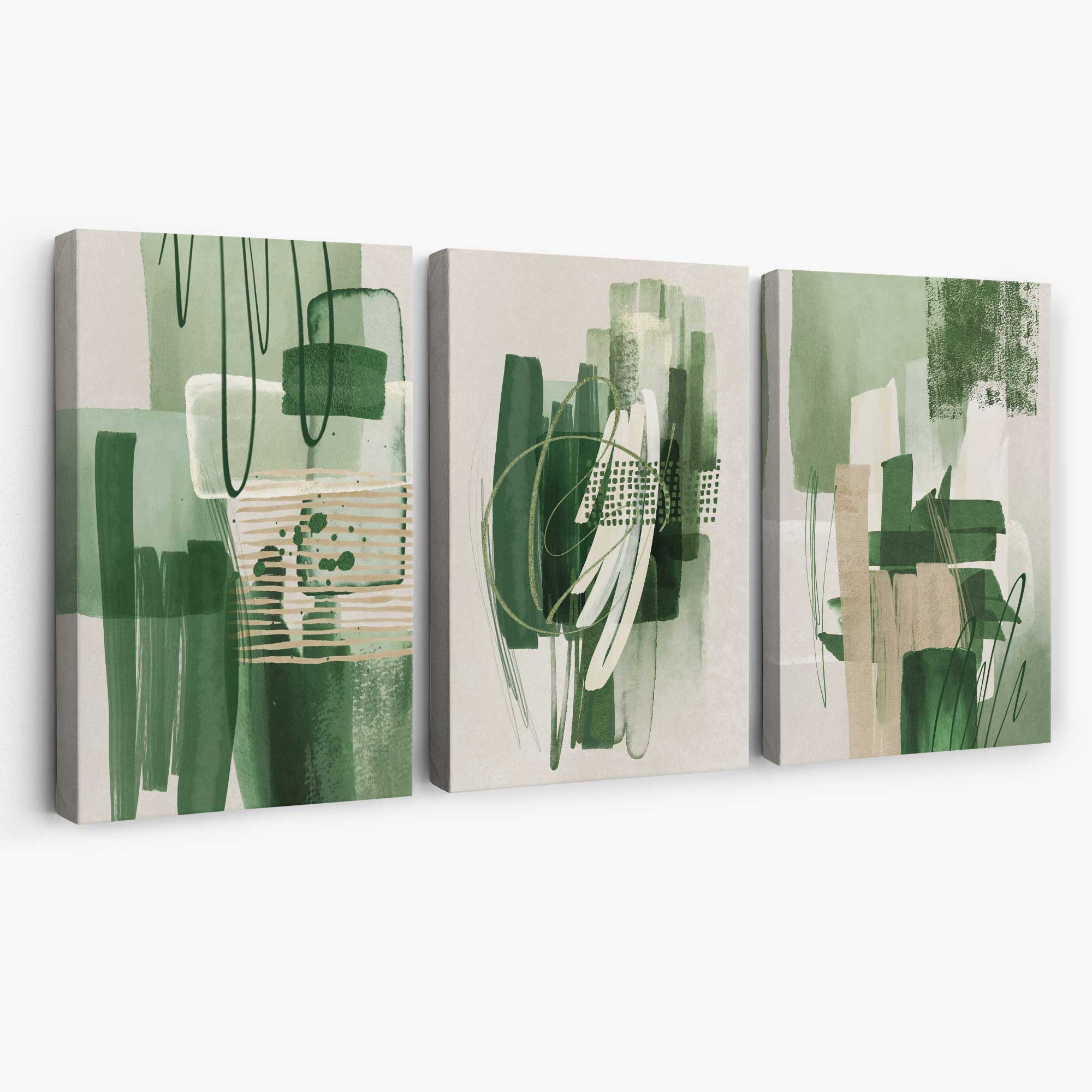 Set of 3 Abstract Green and Beige Strokes Canvas Art Prints | Artze Wall Art