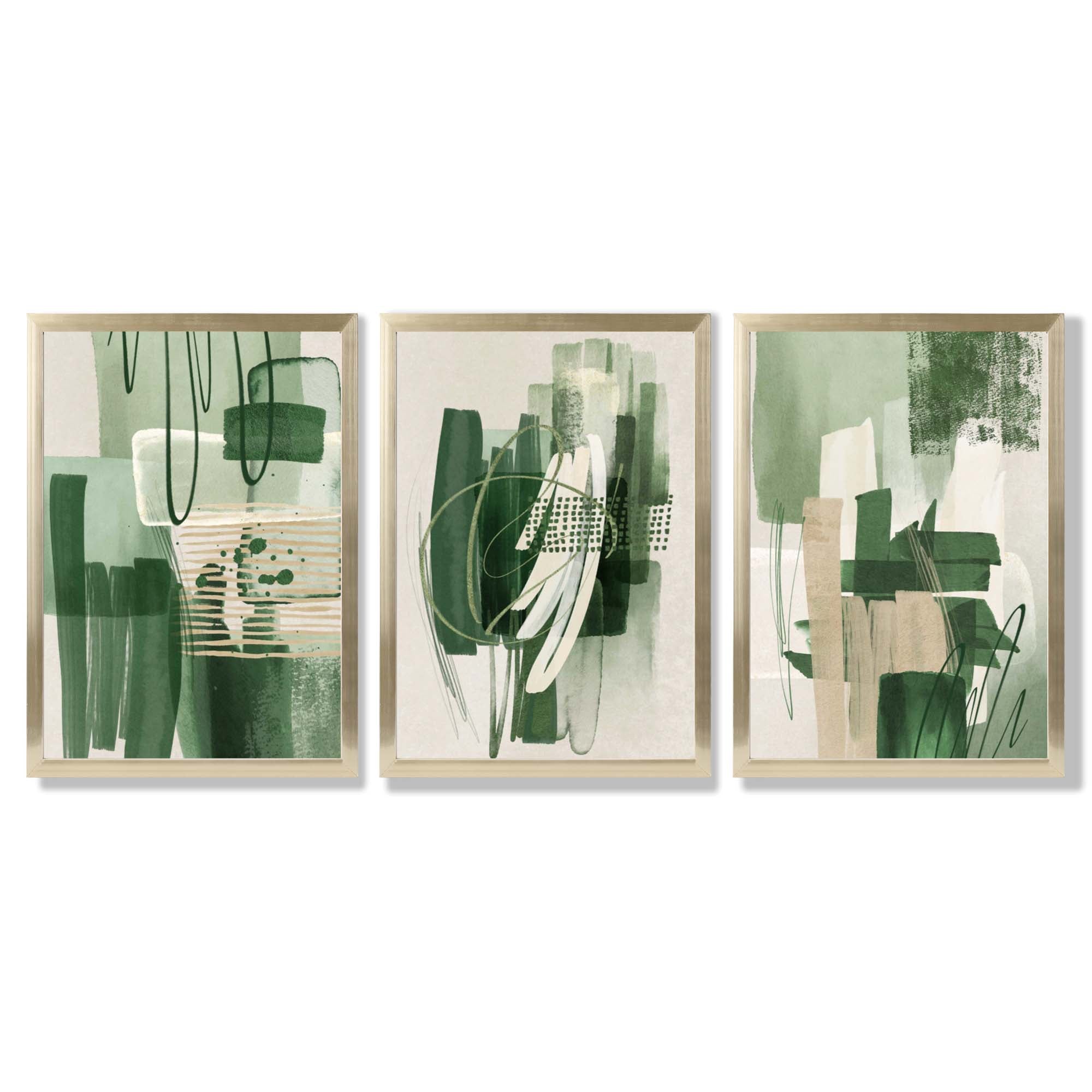 Set of 3 Abstract Green and Beige Strokes Framed Art Prints with Gold Wood Frames