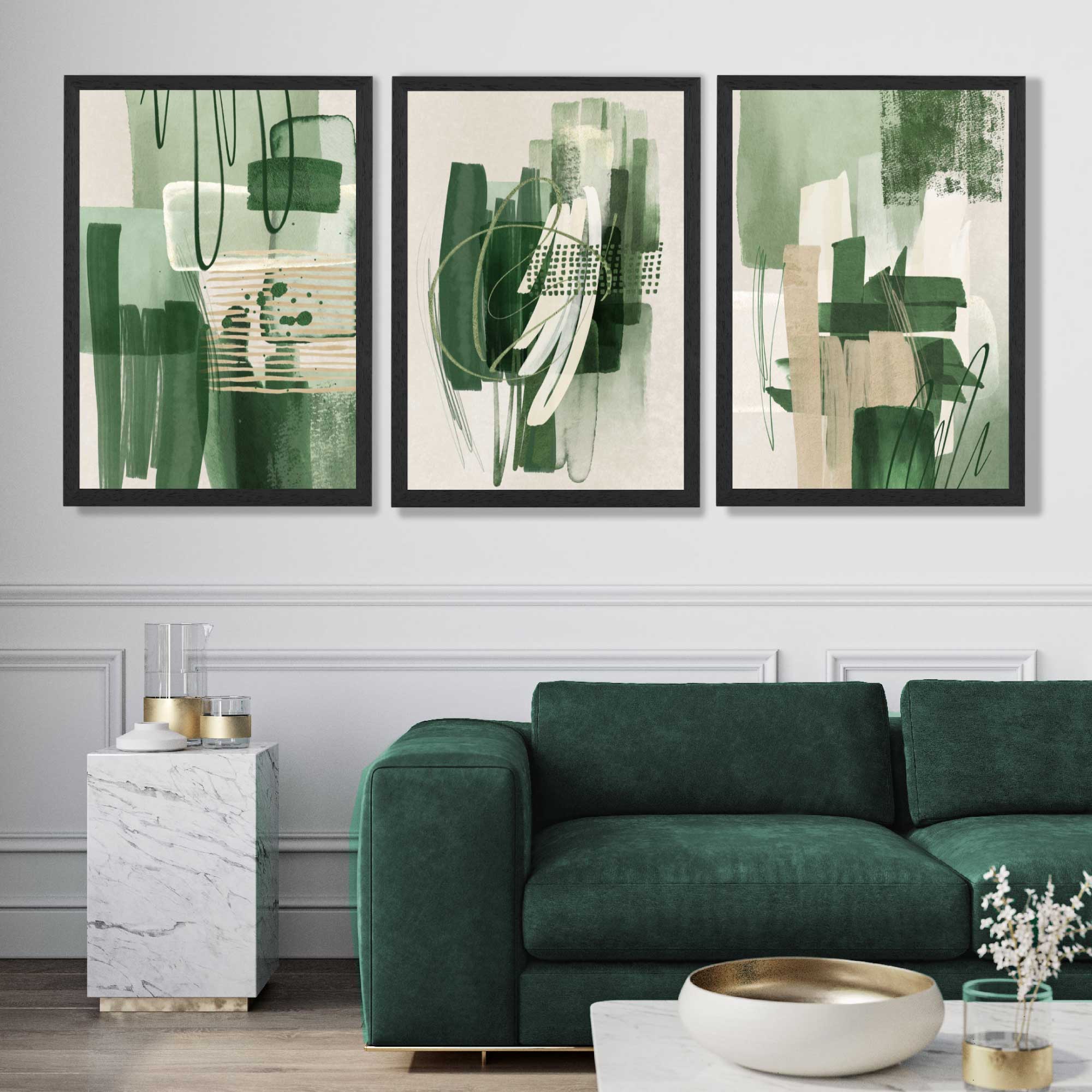 Set of 3 Abstract Green and Beige Strokes Art Prints in Black Frames | Artze UK
