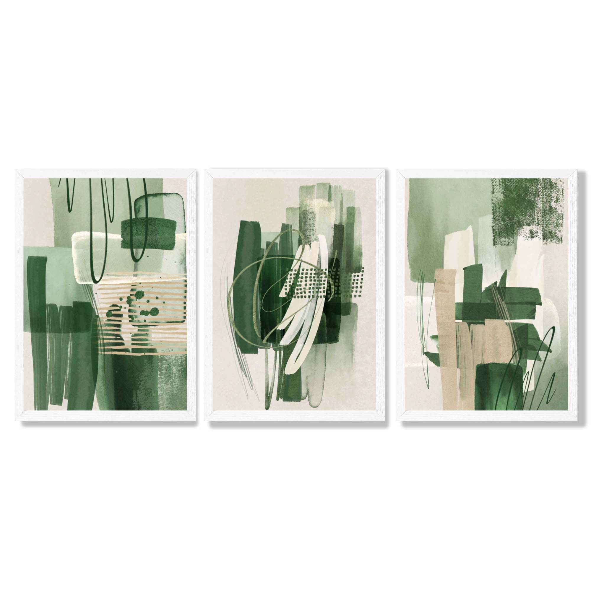 Set of 3 Abstract Green and Beige Strokes Framed Art Prints with White Wooden Frames