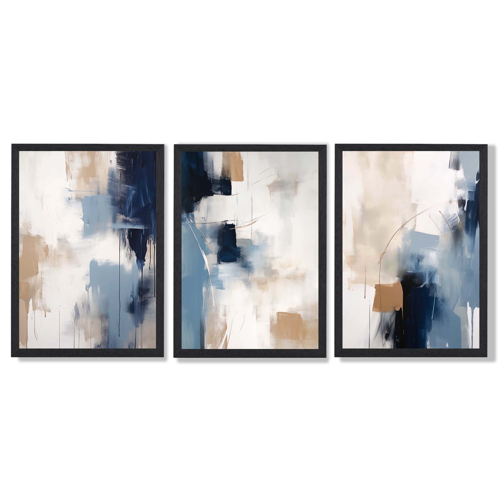 Set of 3 Abstract Blue and Beige Strokes Framed Art Prints with Black Wooden Frames