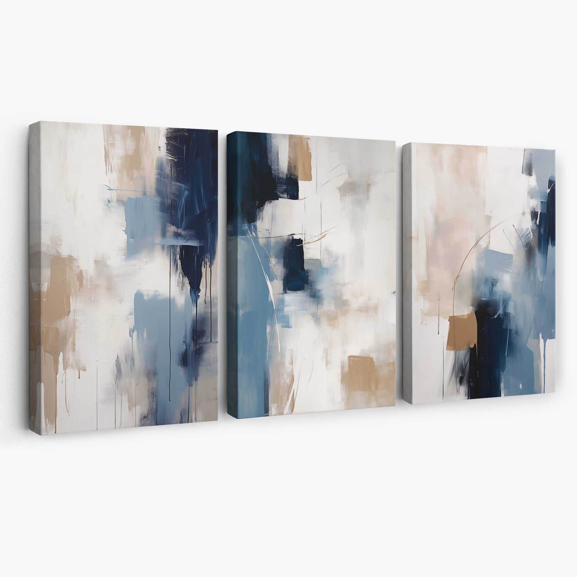 Set of 3 Abstract Blue and Beige Strokes Canvas Art Prints | Artze Wall Art