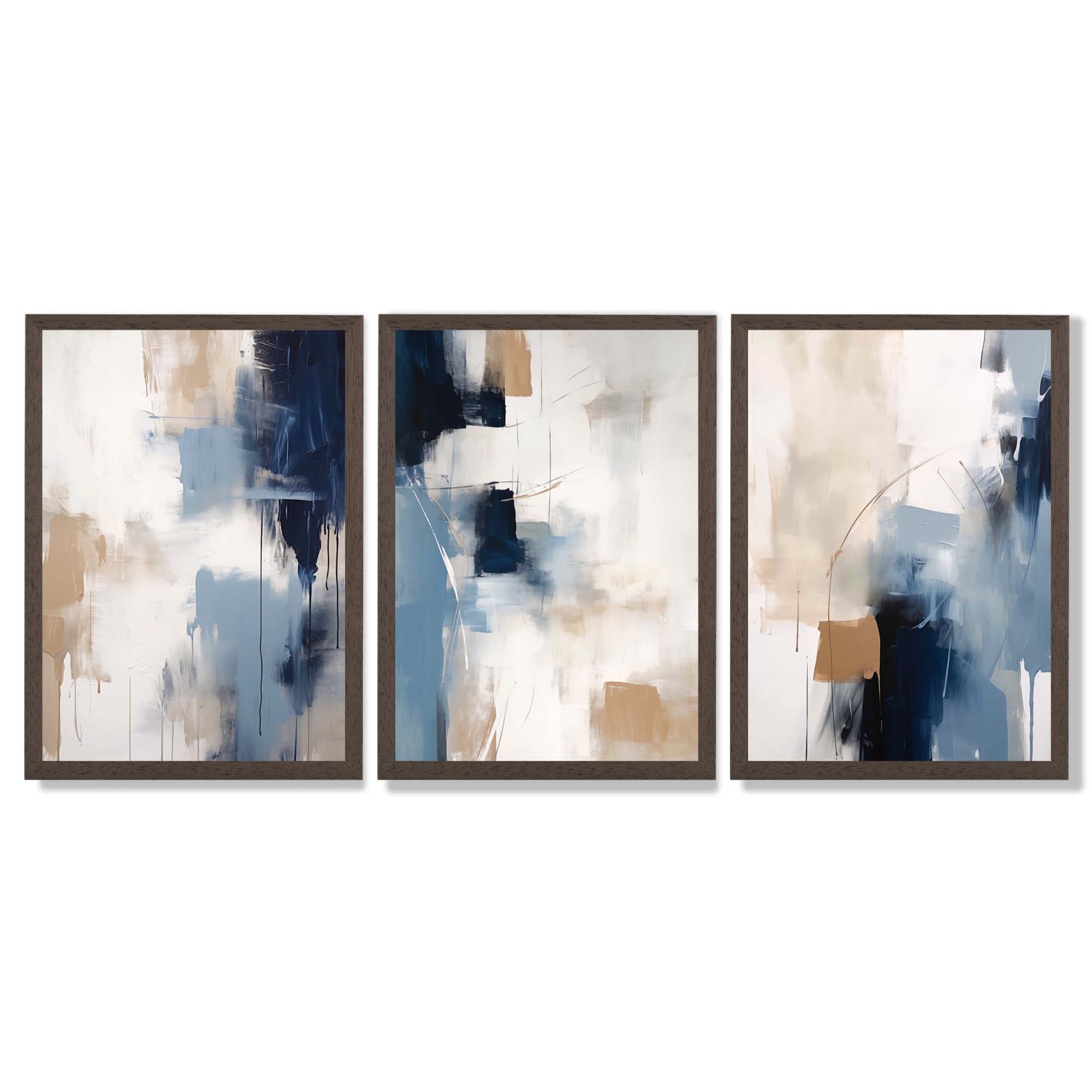 Set of 3 Abstract Blue and Beige Strokes Framed Art Prints with Dark Wood Frames