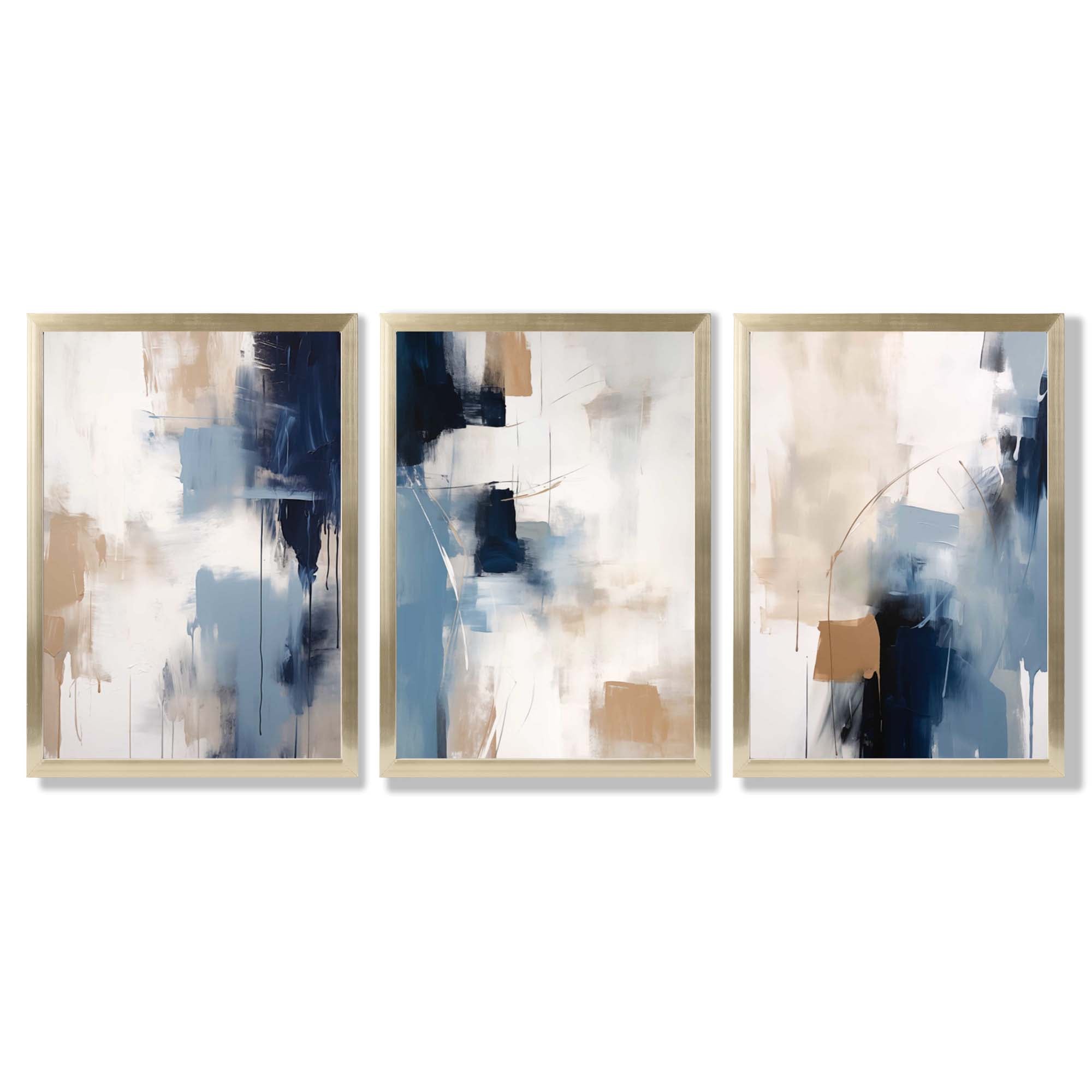 Set of 3 Abstract Blue and Beige Strokes Framed Art Prints with Gold Wood Frames