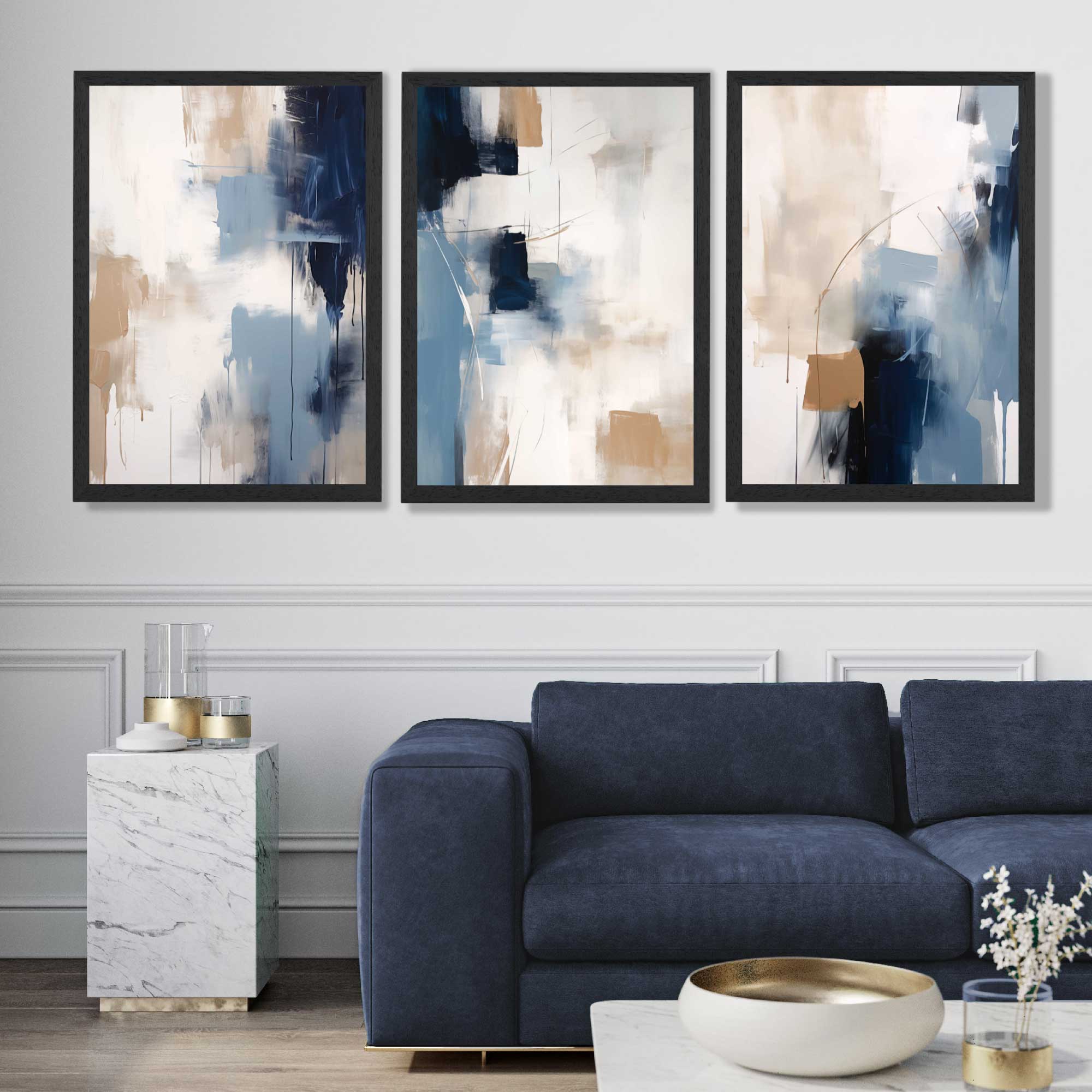 Set of 3 Abstract Blue and Beige Strokes Art Prints in Black Frames | Artze UK