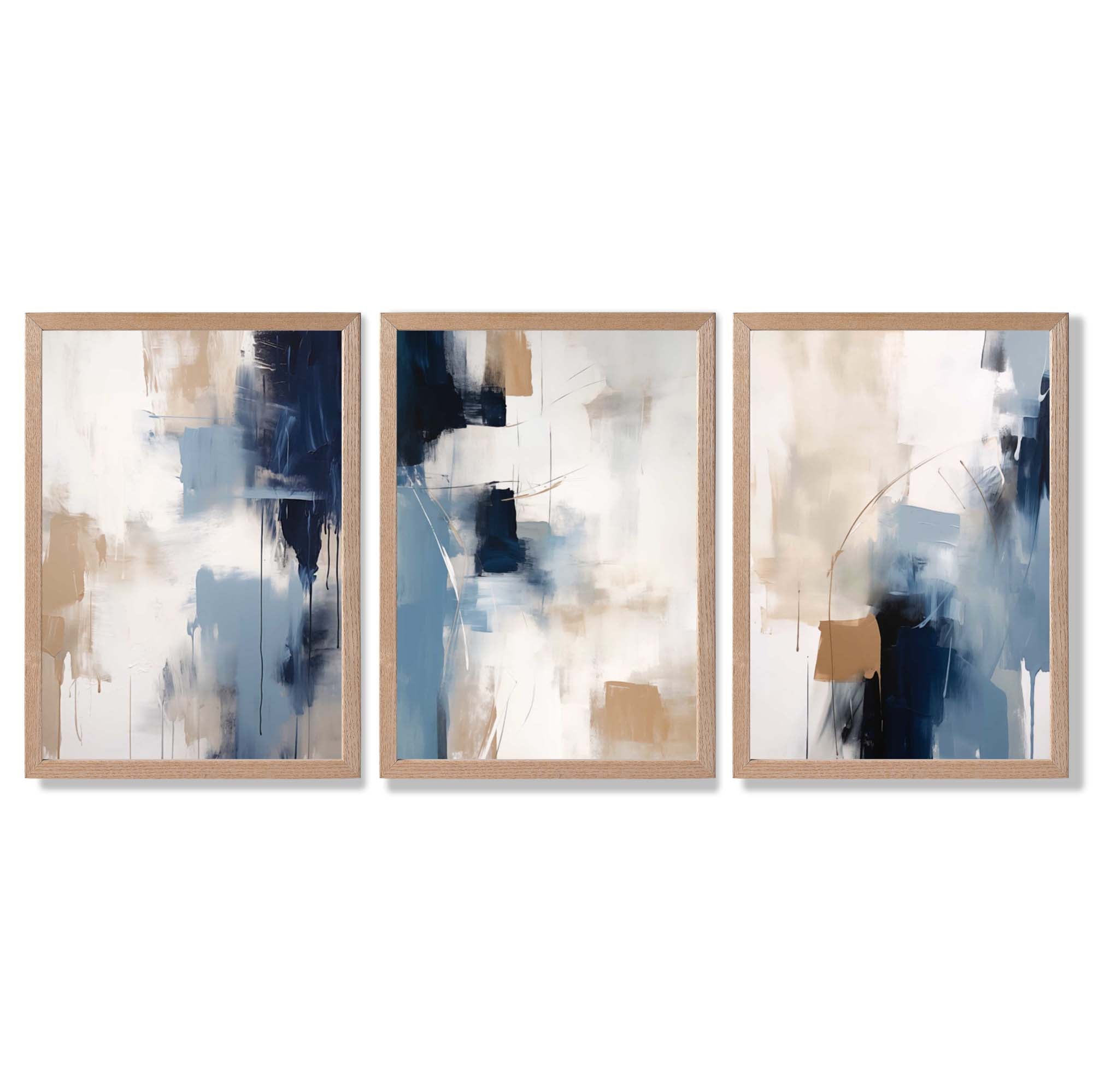 Set of 3 Abstract Blue and Beige Strokes Framed Art Prints with Light Oak Frames