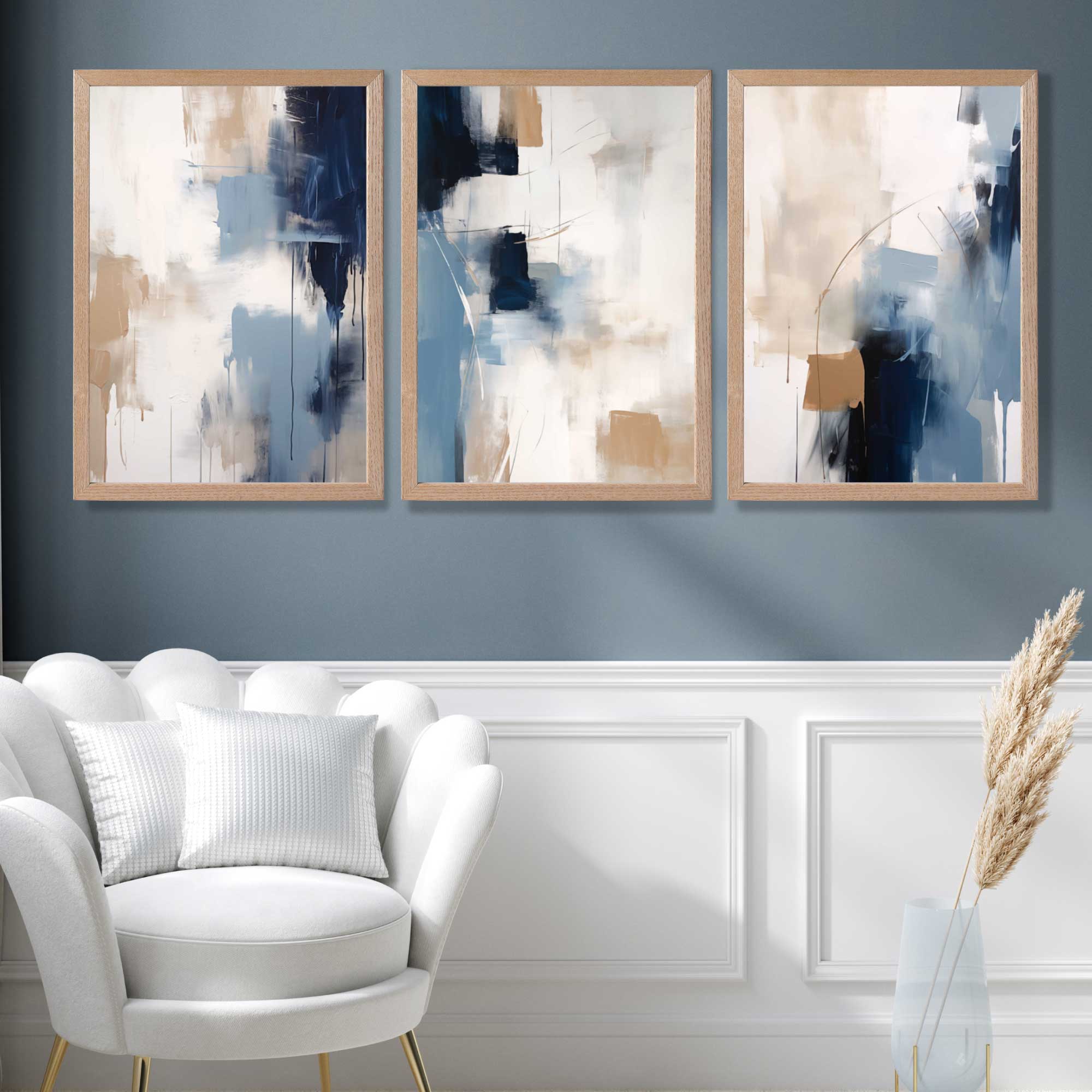 Set of 3 Abstract Blue and Beige Strokes Art Prints in White Frames | Artze UK