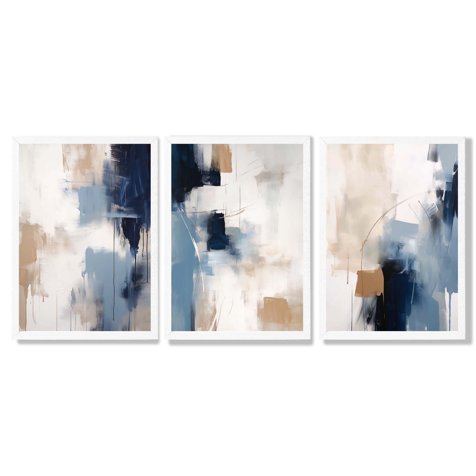 Set of 3 Abstract Blue and Beige Strokes Framed Art Prints with White Wooden Frames
