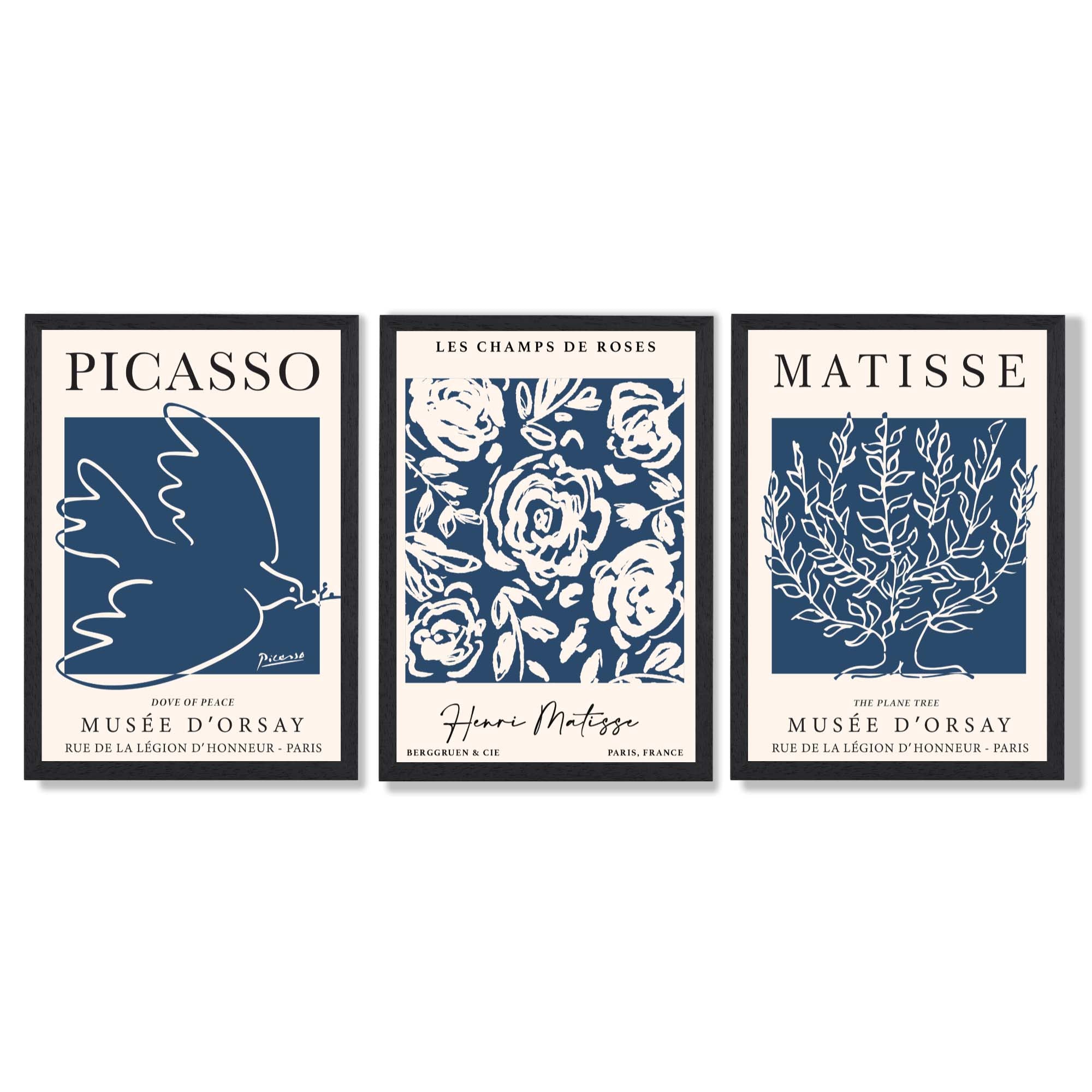 Set of 3 Navy Blue Picasso and Matisse Floral Framed Art Prints with Black Wooden Frames