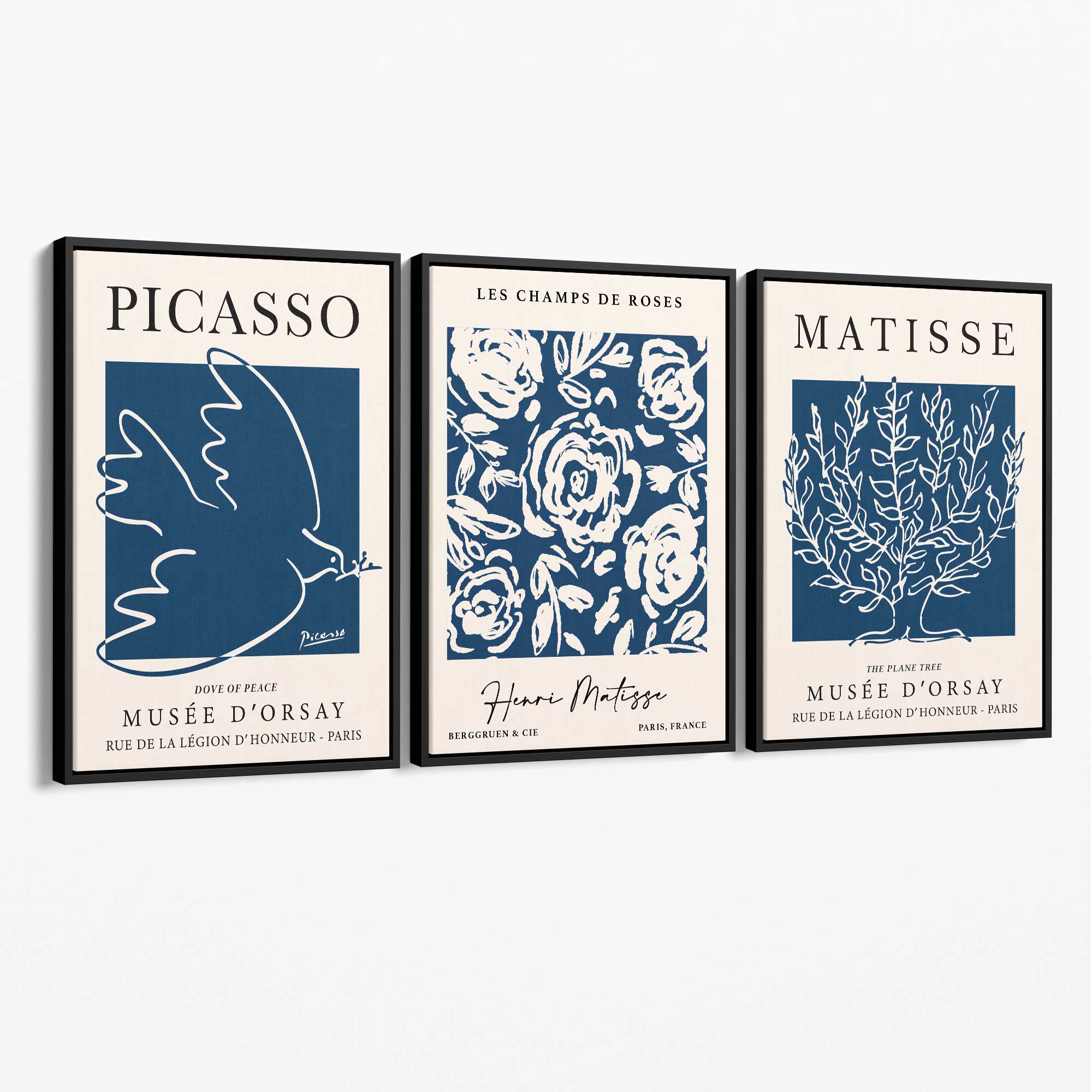 Set of 3 Navy Blue Picasso and Matisse Floral Canvas Art Prints with Black Float Frame