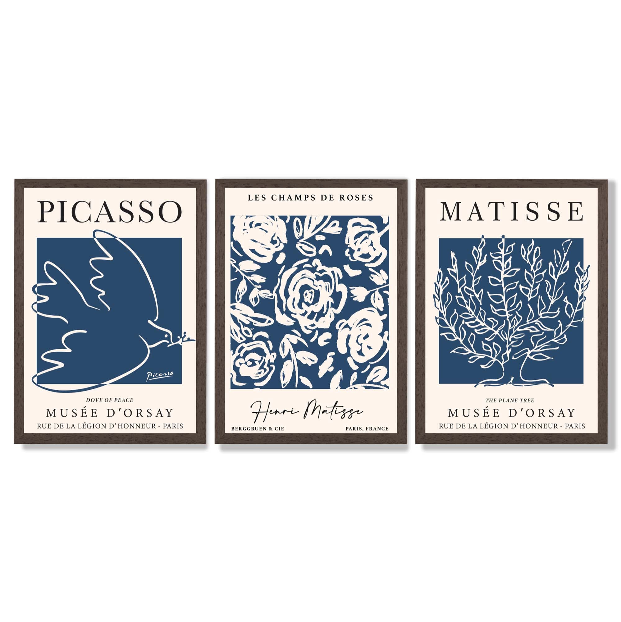Set of 3 Navy Blue Picasso and Matisse Floral Framed Art Prints with Dark Wood Frames