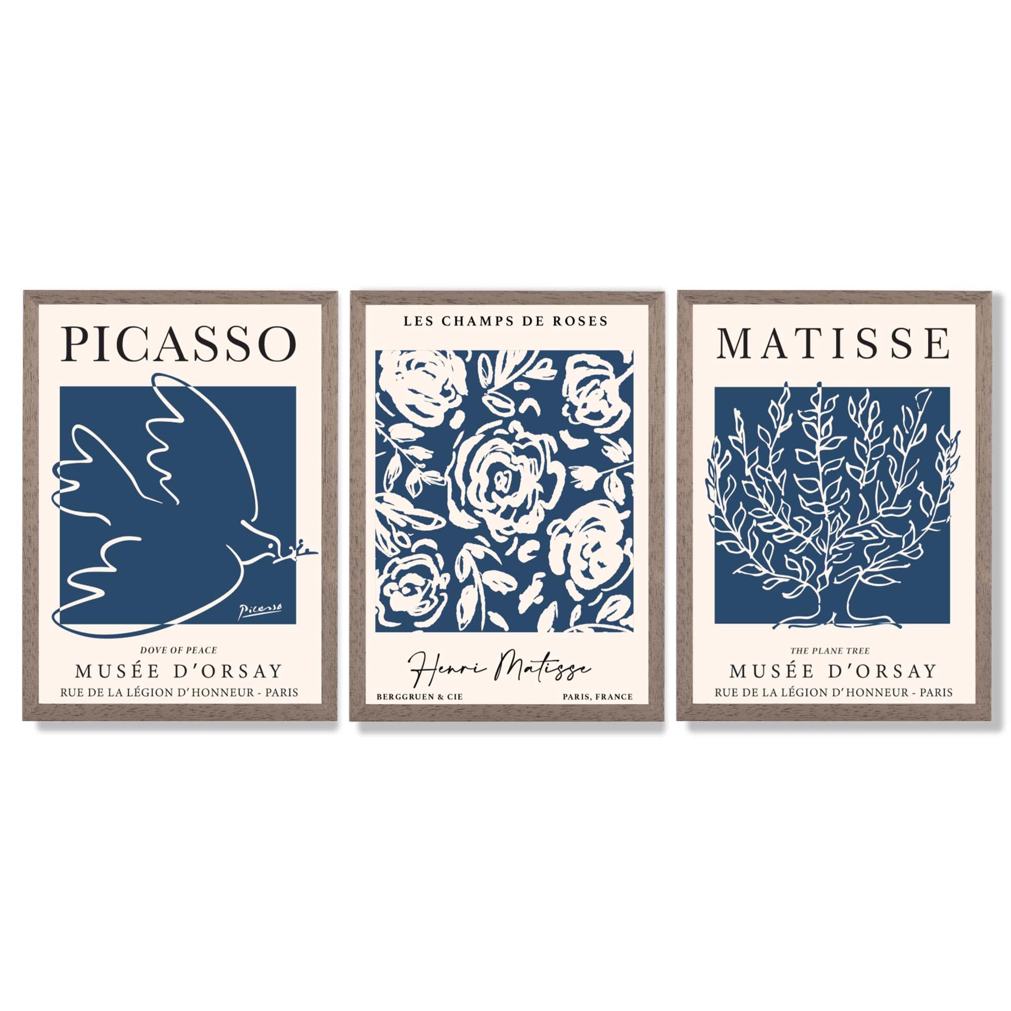 Set of 3 Navy Blue Picasso and Matisse Floral Framed Art Prints with Light Walnut Frames
