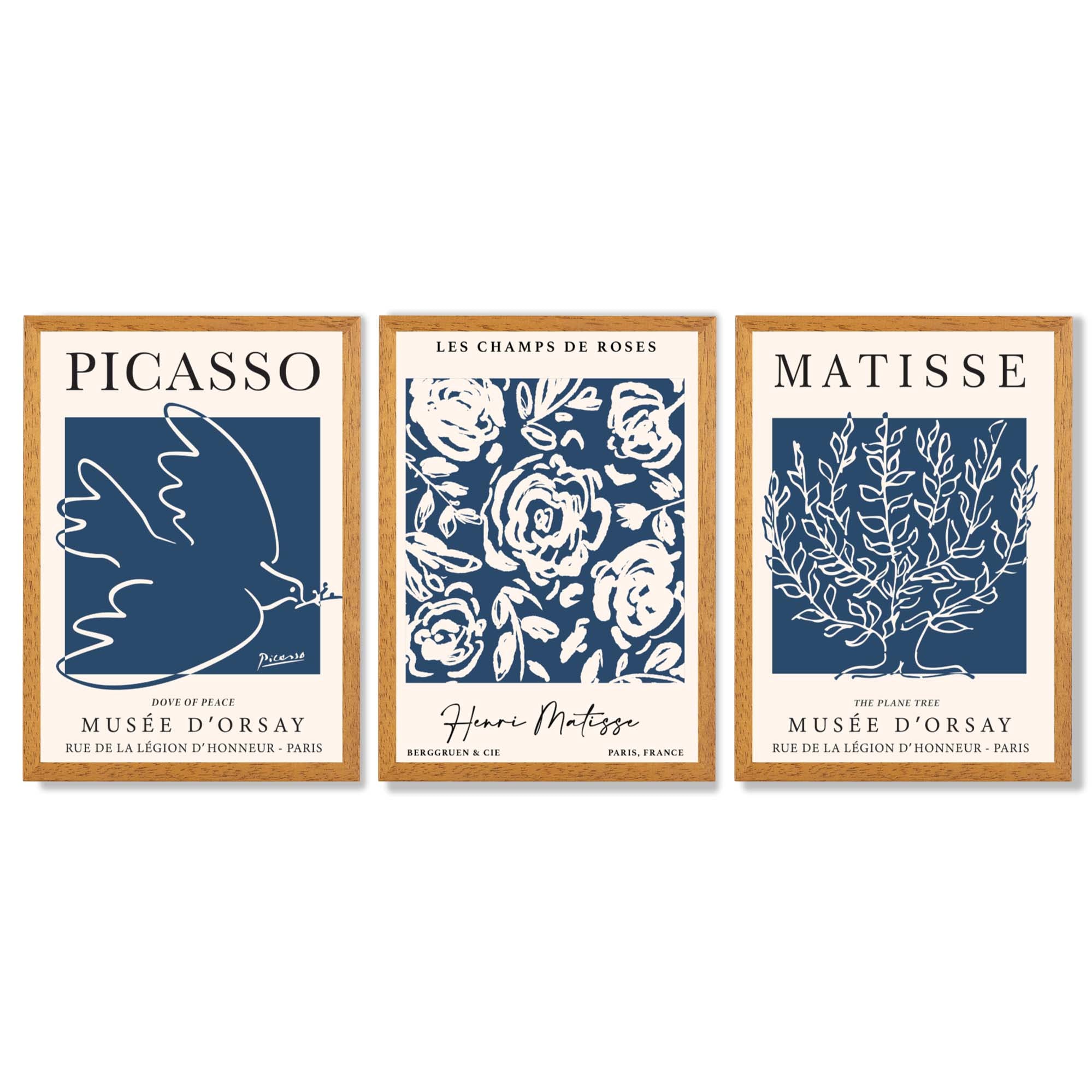 Set of 3 Navy Blue Picasso and Matisse Floral Framed Art Prints with Oak Wooden Frames