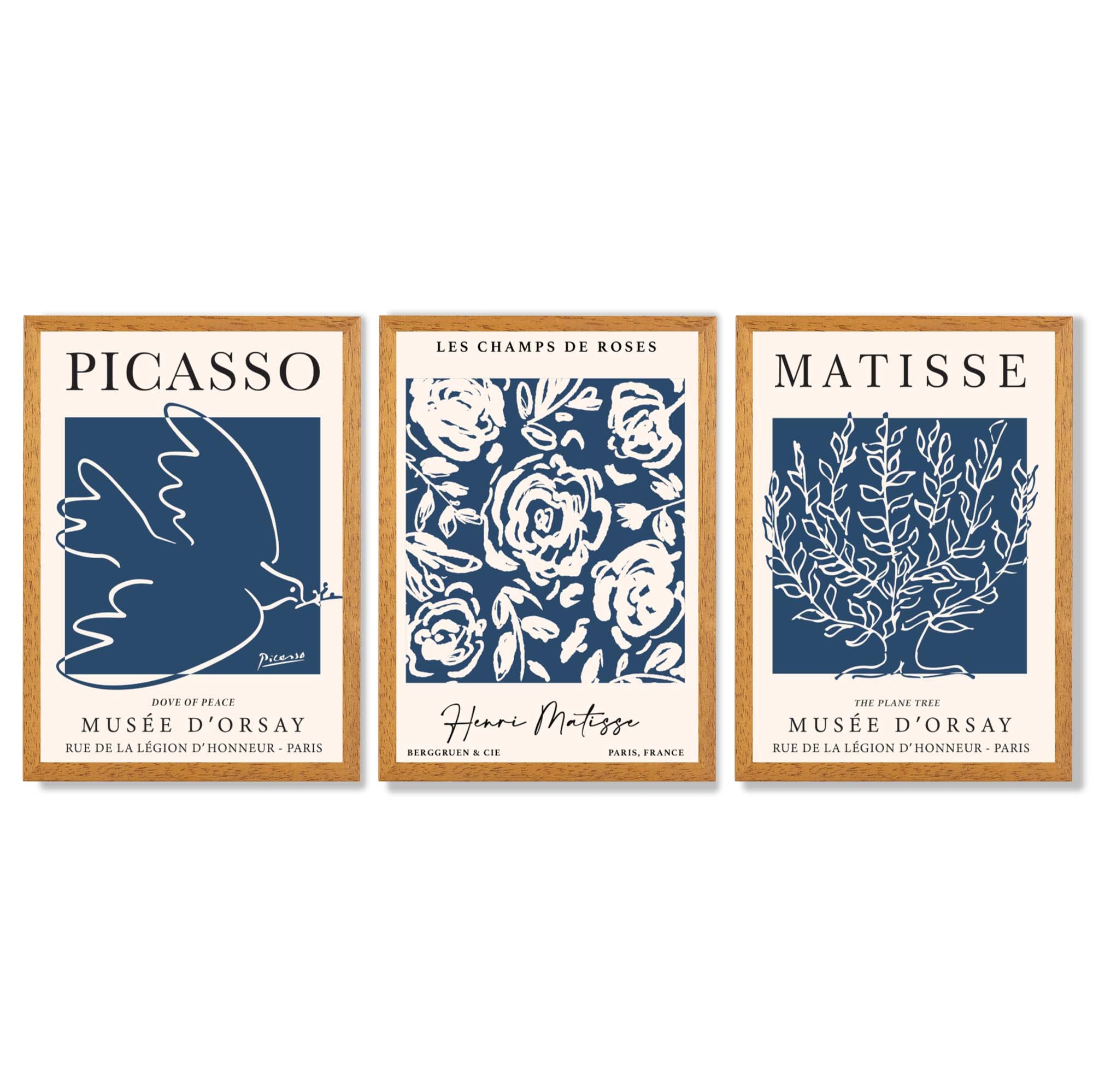 Set of 3 Navy Blue Picasso and Matisse Floral Framed Art Prints with Oak Wooden Frames