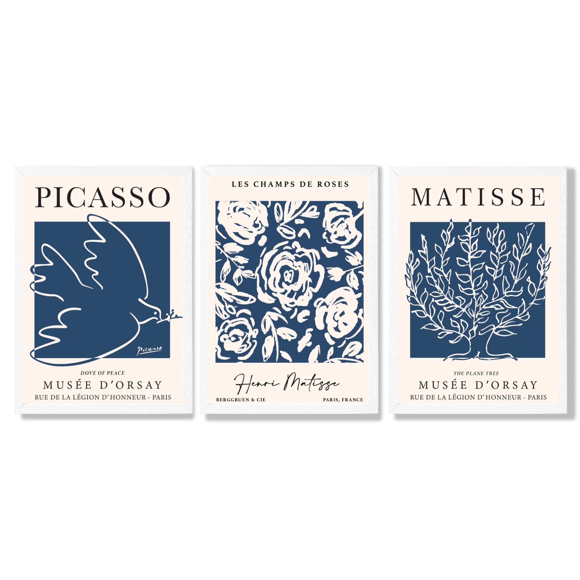 Set of 3 Navy Blue Picasso and Matisse Floral Framed Art Prints with White Wooden Frames