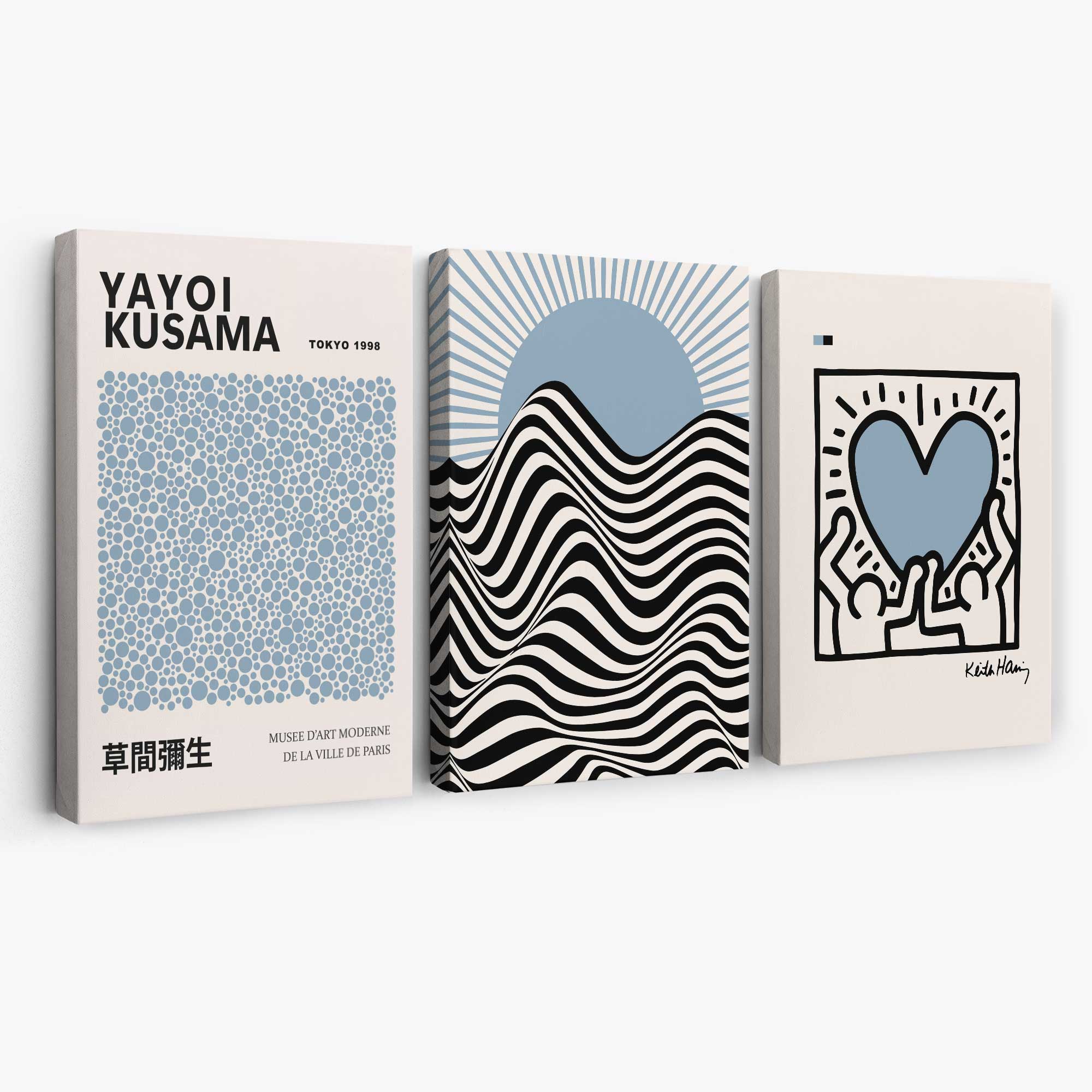 Set of 3 Yayoi Kusama,Keith Haring, Bauhaus Light Blue Canvas Art Prints | Artze Wall Art