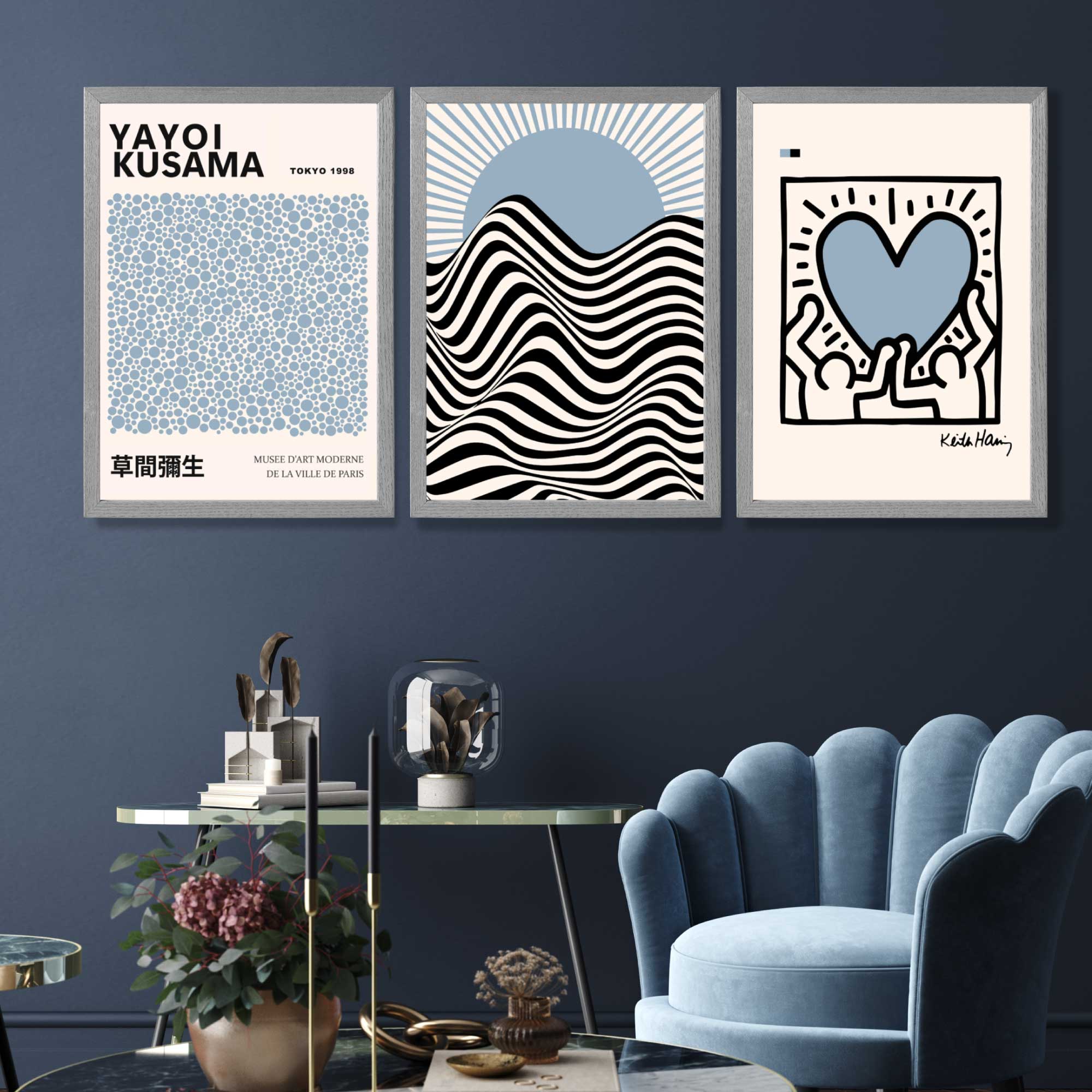 Set of 3 Yayoi Kusama,Keith Haring, Bauhaus Light Blue Art Prints in White Frames | Artze UK