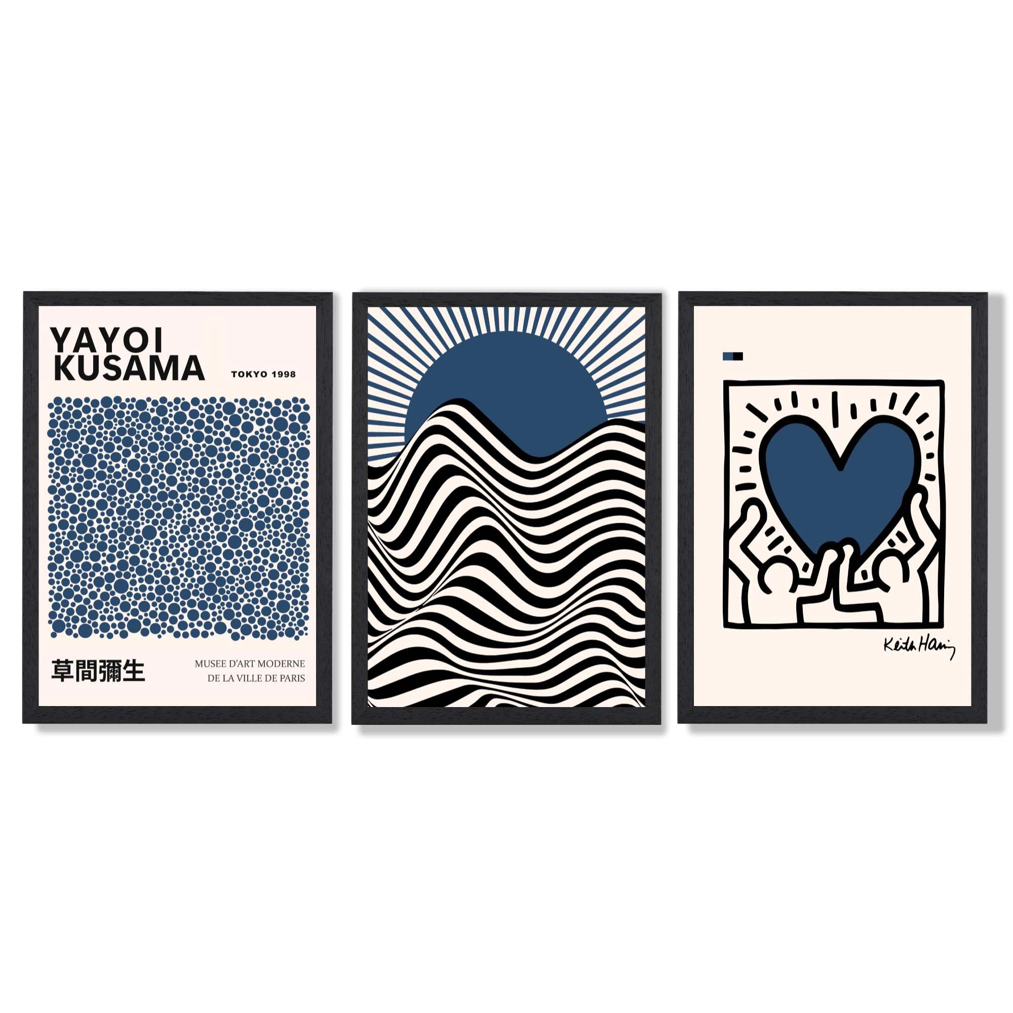 Set of 3 Yayoi Kusama,Keith Haring, Bauhaus Navy Blue Framed Art Prints with Black Wooden Frames
