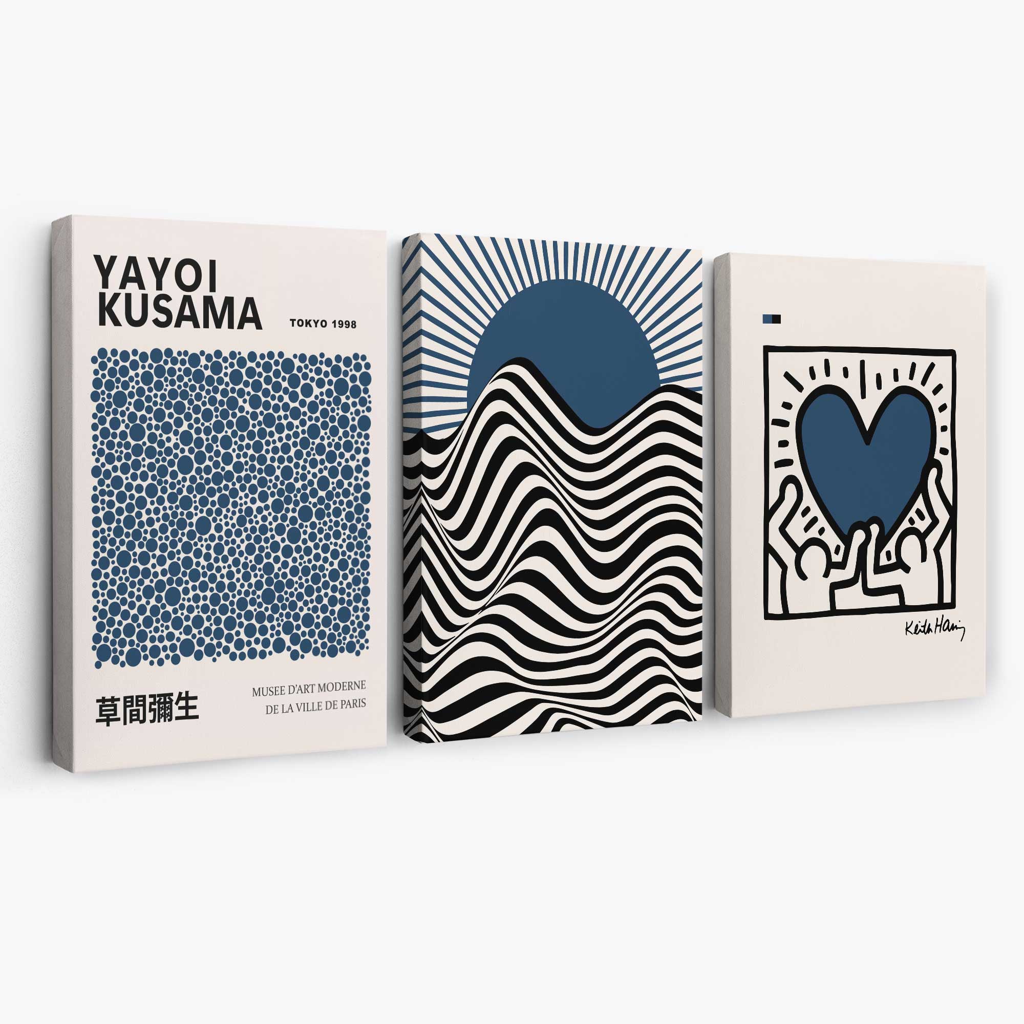 Set of 3 Yayoi Kusama,Keith Haring, Bauhaus Navy Blue Canvas Art Prints | Artze Wall Art