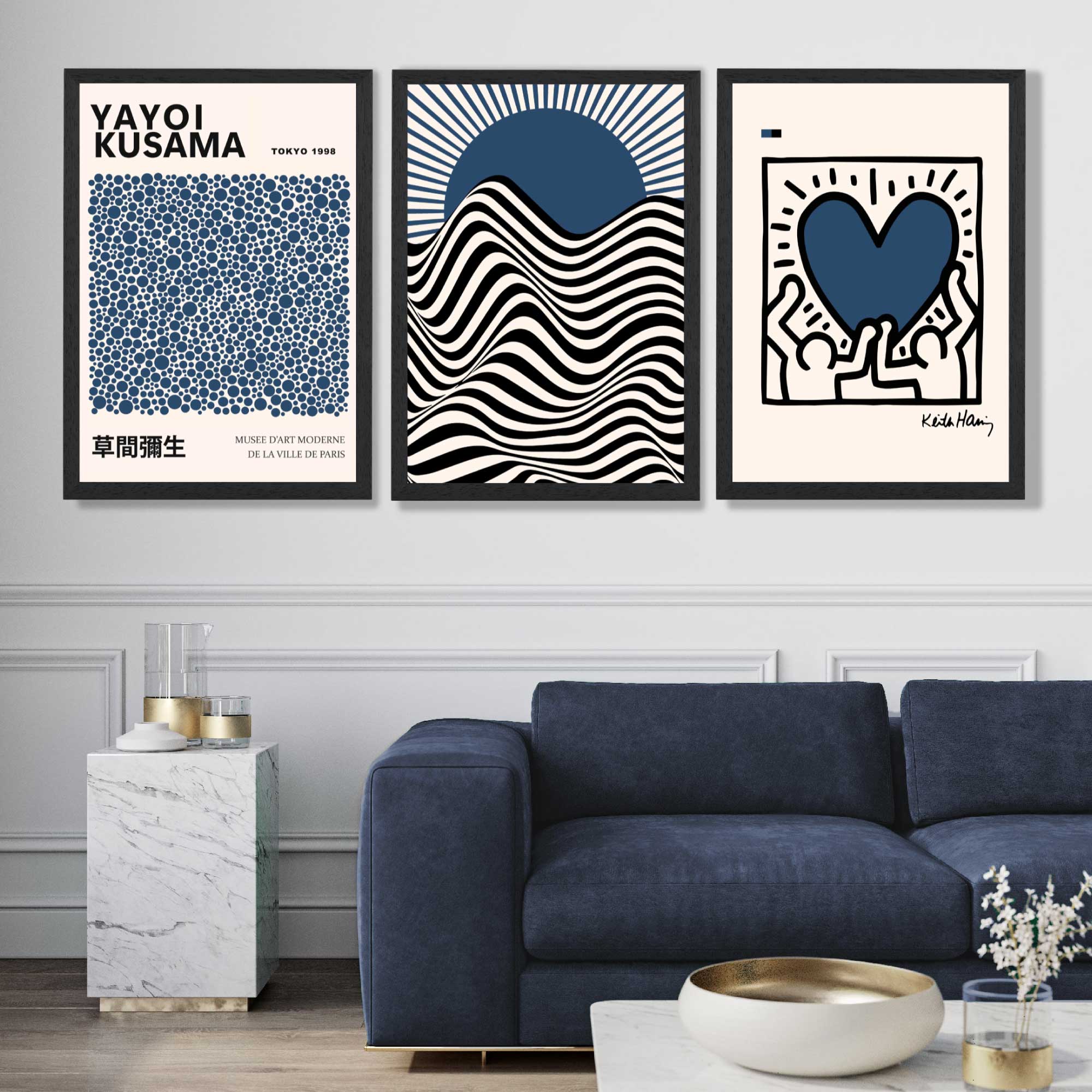 Set of 3 Yayoi Kusama,Keith Haring, Bauhaus Navy Blue Art Prints in Black Frames | Artze UK
