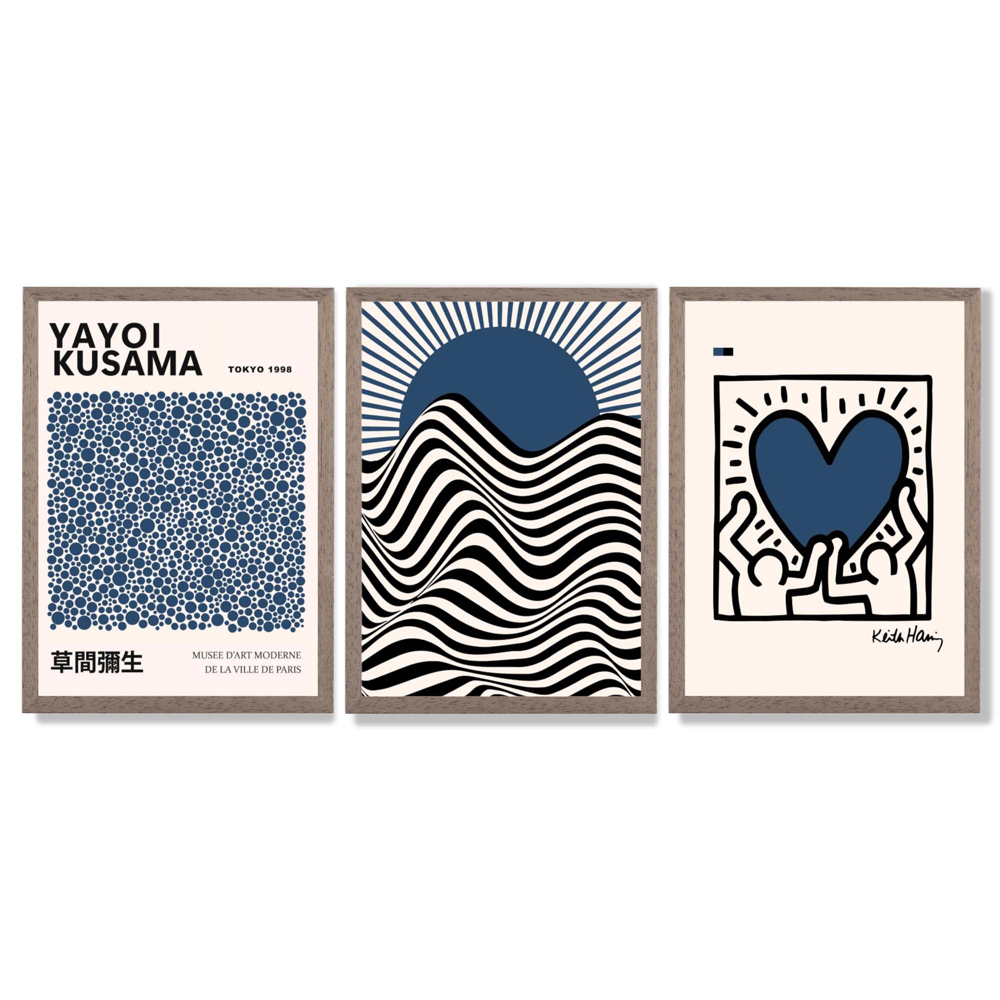 Set of 3 Yayoi Kusama,Keith Haring, Bauhaus Navy Blue Framed Art Prints with Light Walnut Frames