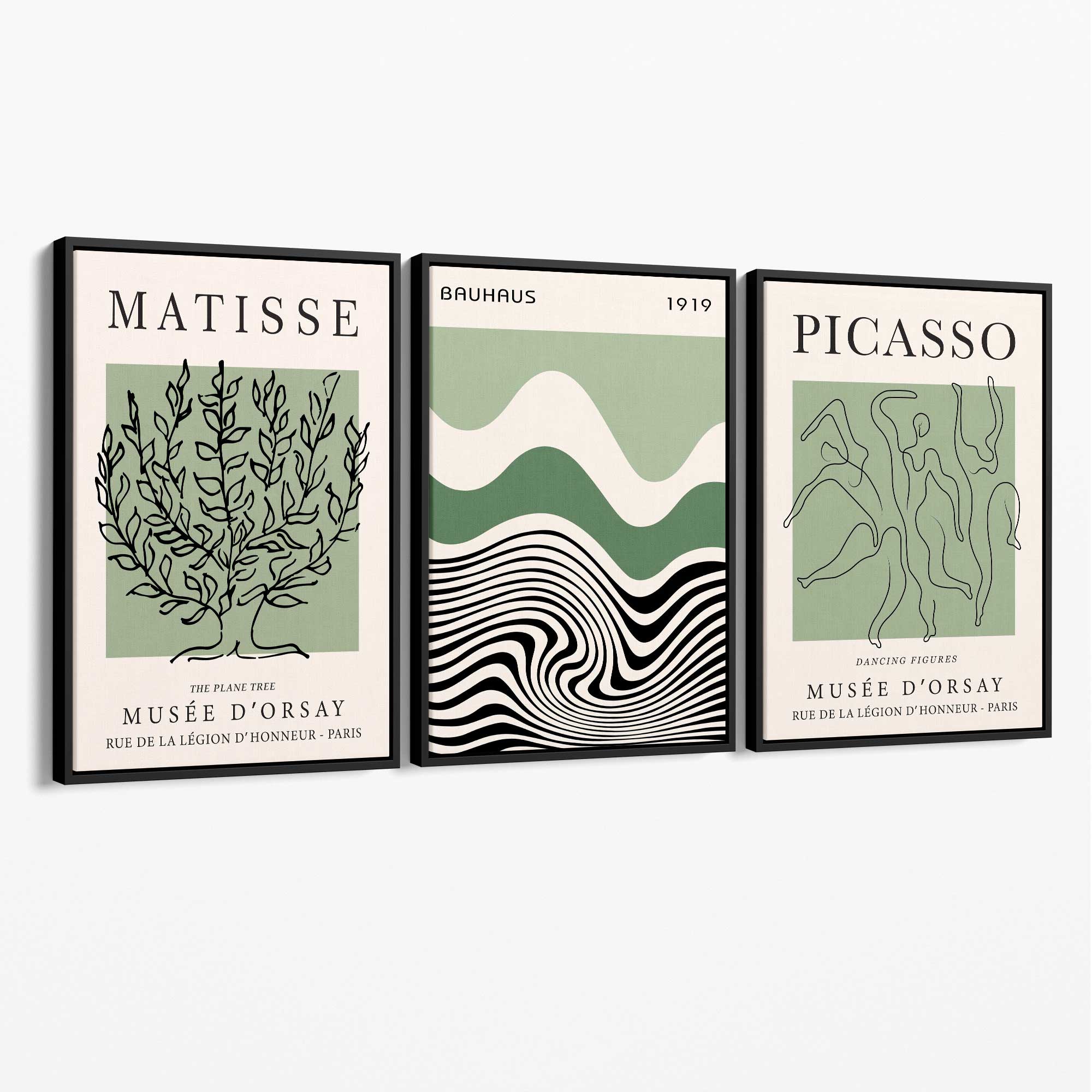 Set of 3 Yayoi Matisee Tree,Bauhaus Sunrise,Picasso Dancers in Sage Green Canvas Art Prints with Black Float Frame