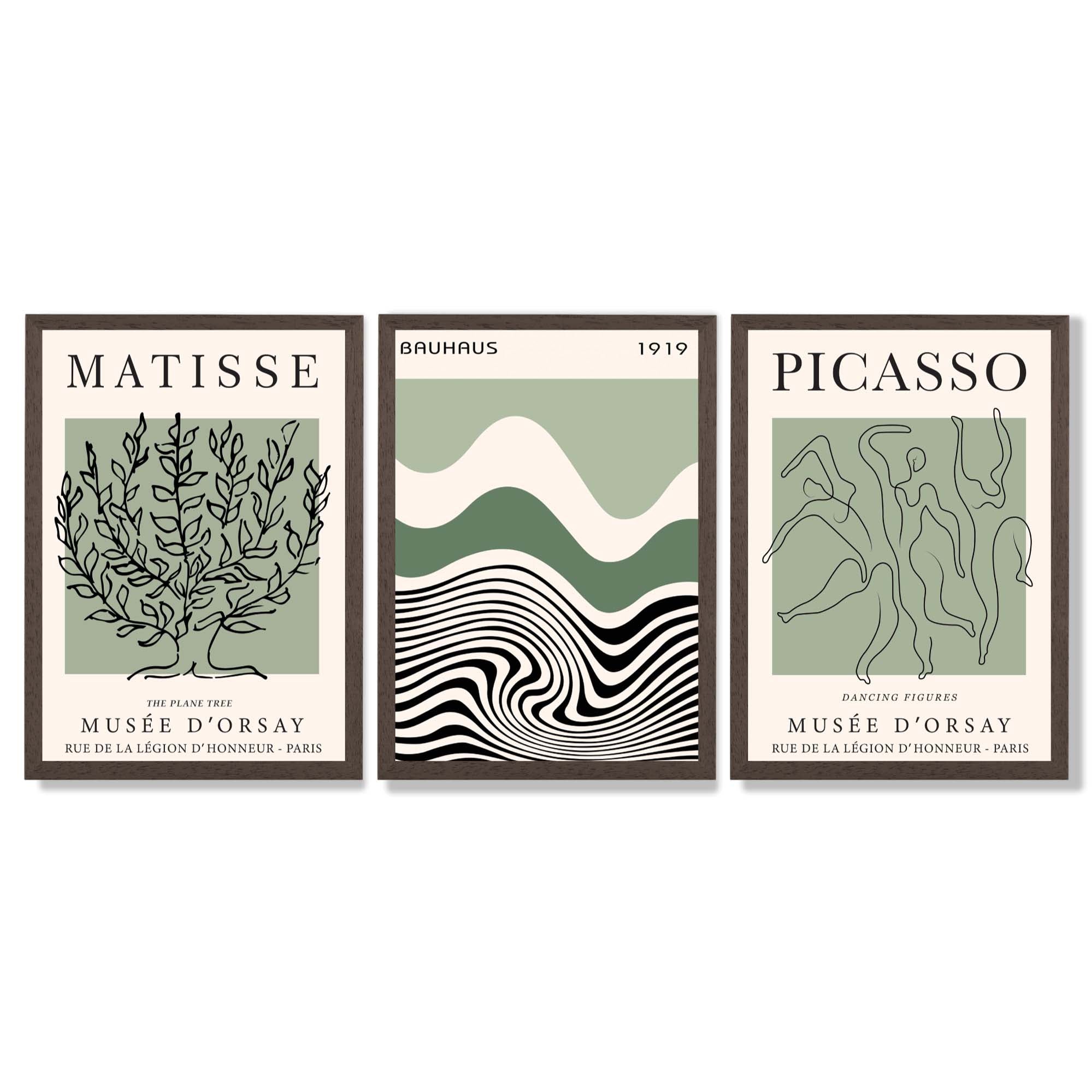 Set of 3 Yayoi Matisee Tree,Bauhaus Sunrise,Picasso Dancers in Sage Green Framed Art Prints with Dark Wood Frames