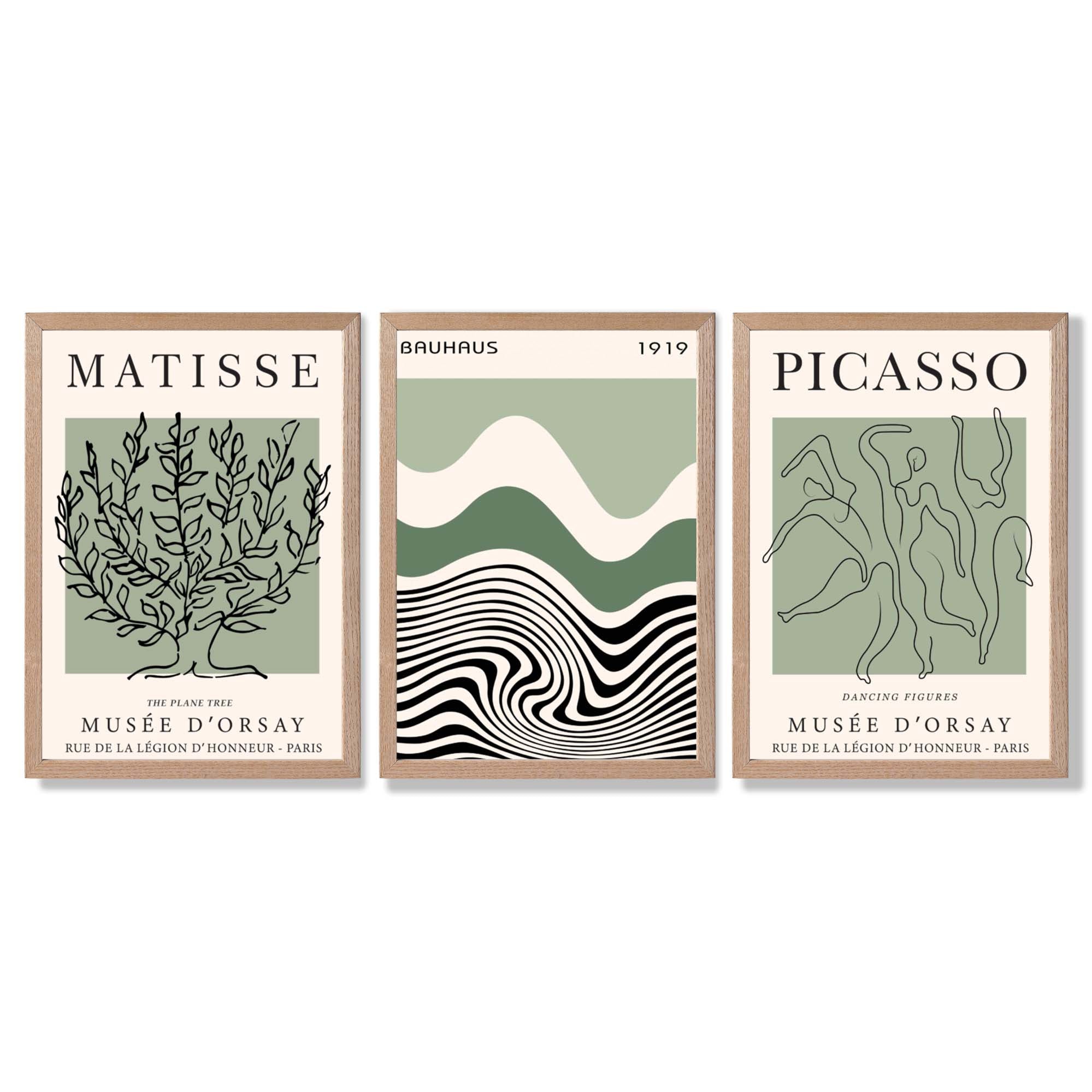 Set of 3 Yayoi Matisee Tree,Bauhaus Sunrise,Picasso Dancers in Sage Green Framed Art Prints with Light Oak Frames
