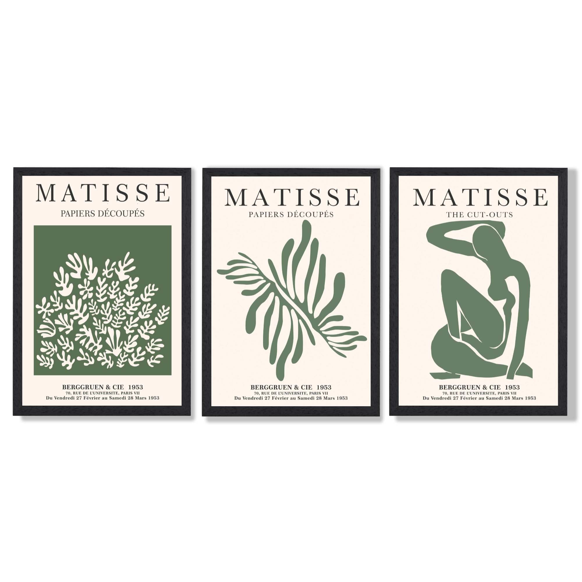 Set of 3 Matisse Floral Cutouts in Dark Green Framed Wall Art with Black Wooden Frames