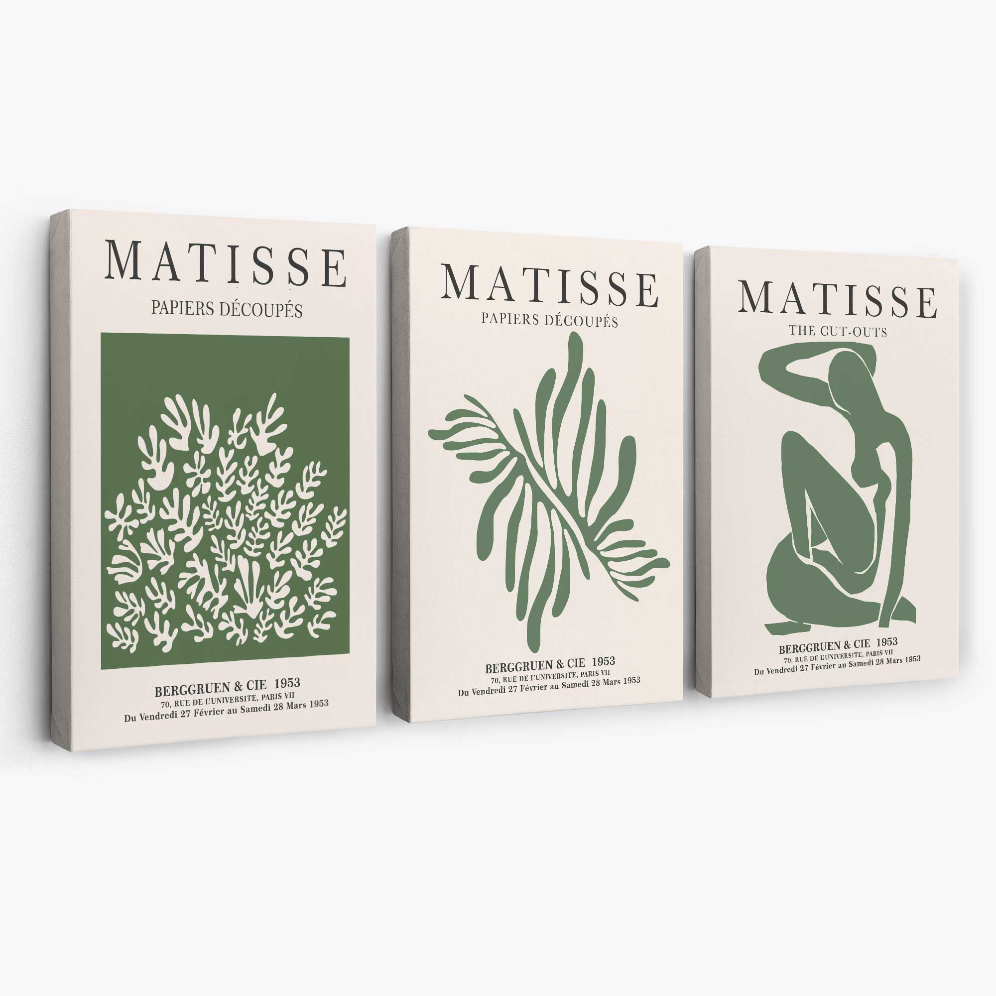 Set of 3 Matisse Floral Cutouts in Dark Green Canvas Prints | Artze Wall Art