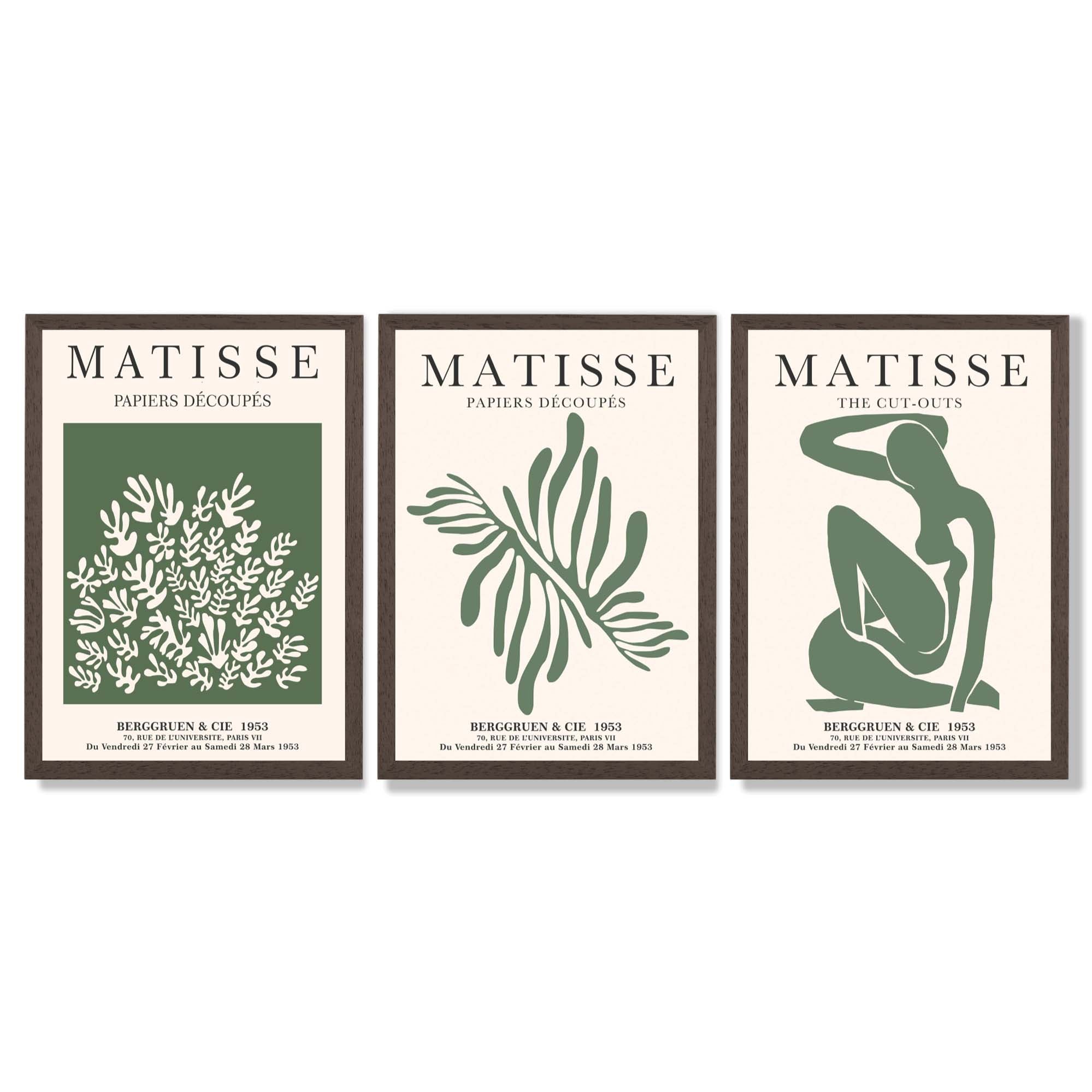 Set of 3 Matisse Floral Cutouts in Dark Green Framed Wall Art with Dark Wood Frames