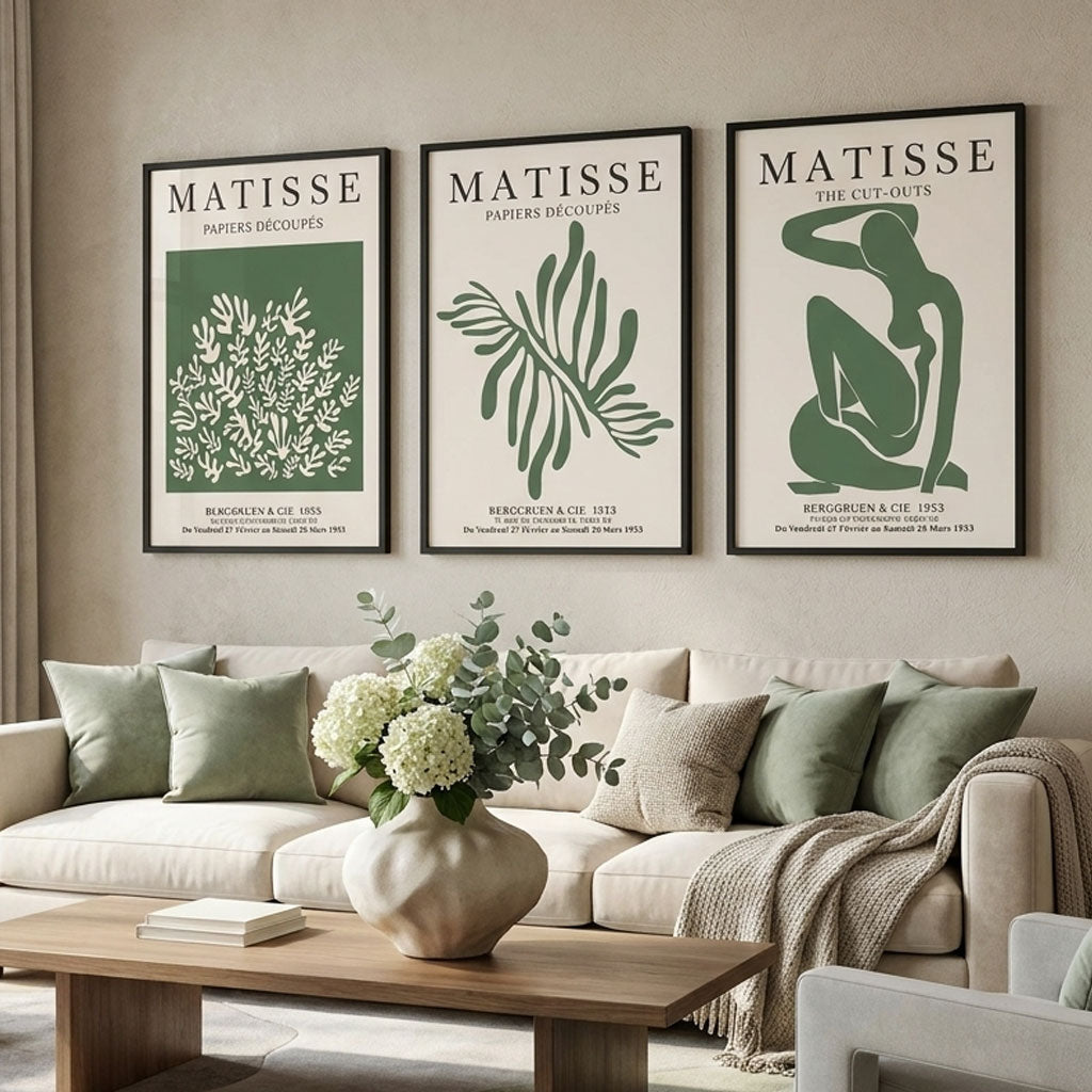 Set of 3 Matisse Floral Cutouts in Dark Green Art Prints in Black Frames | Artze UK