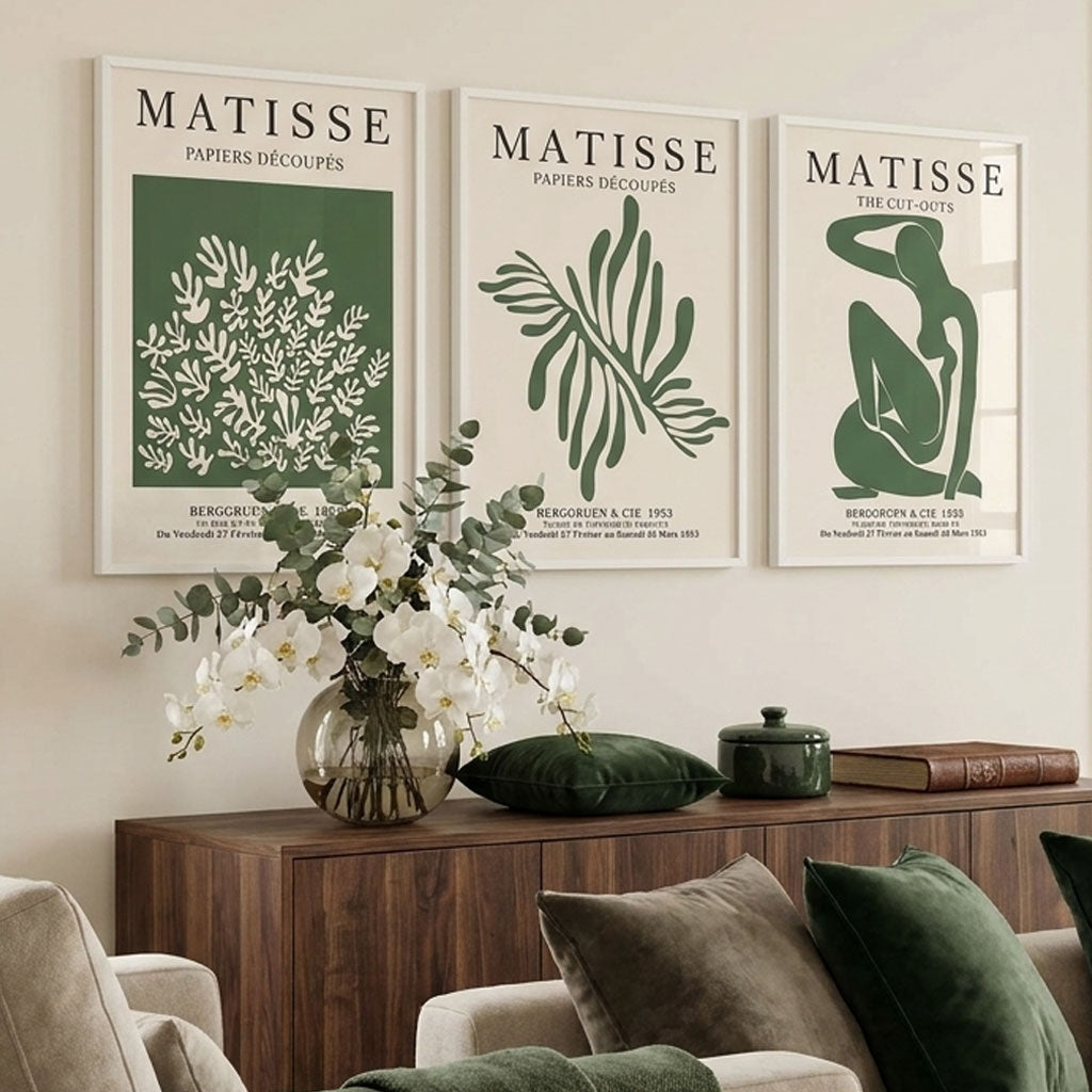 Set of 3 Matisse Floral Cutouts in Dark Green Art Prints in White Frames | Artze UK