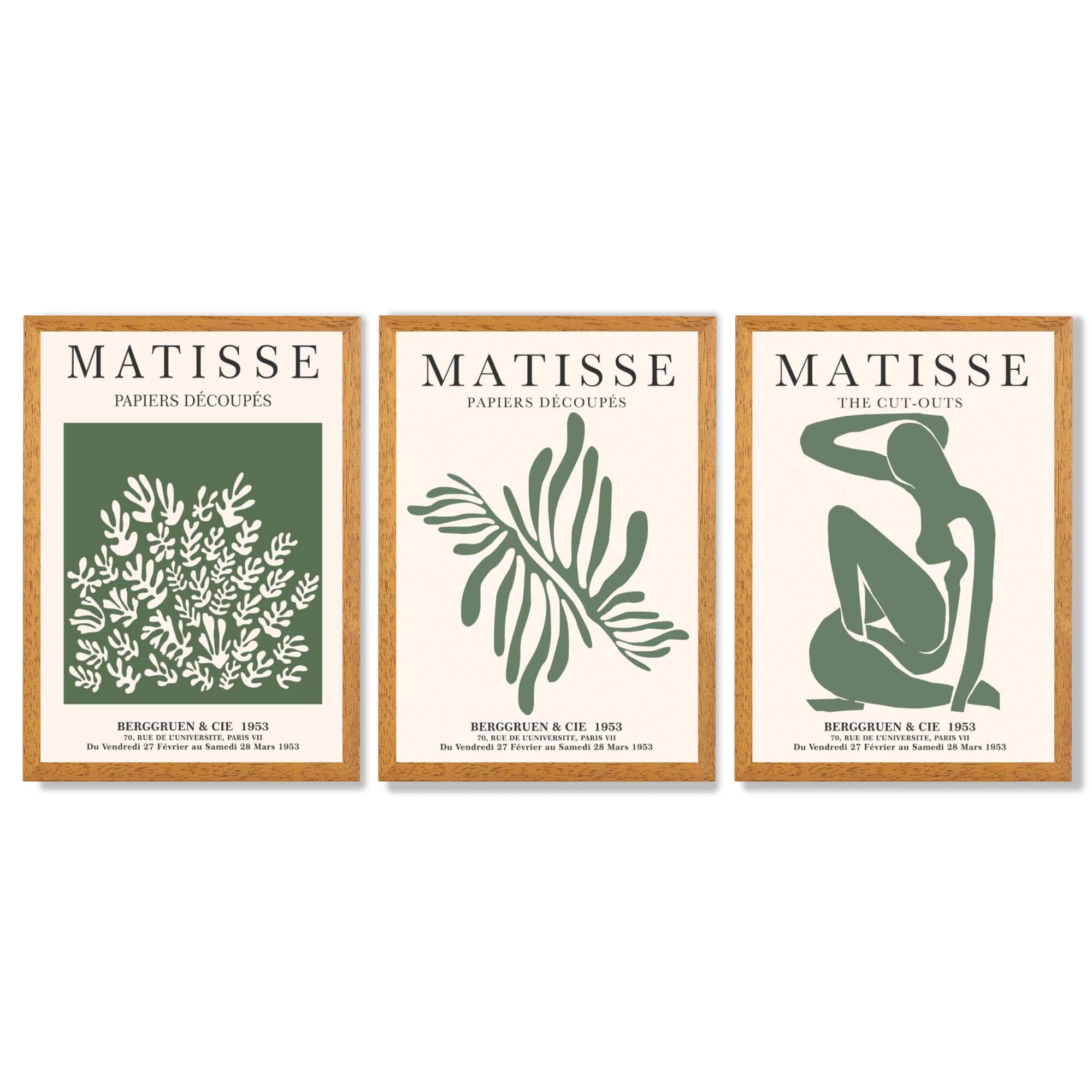 Set of 3 Matisse Floral Cutouts in Dark Green Framed Wall Art with Oak Wooden Frames