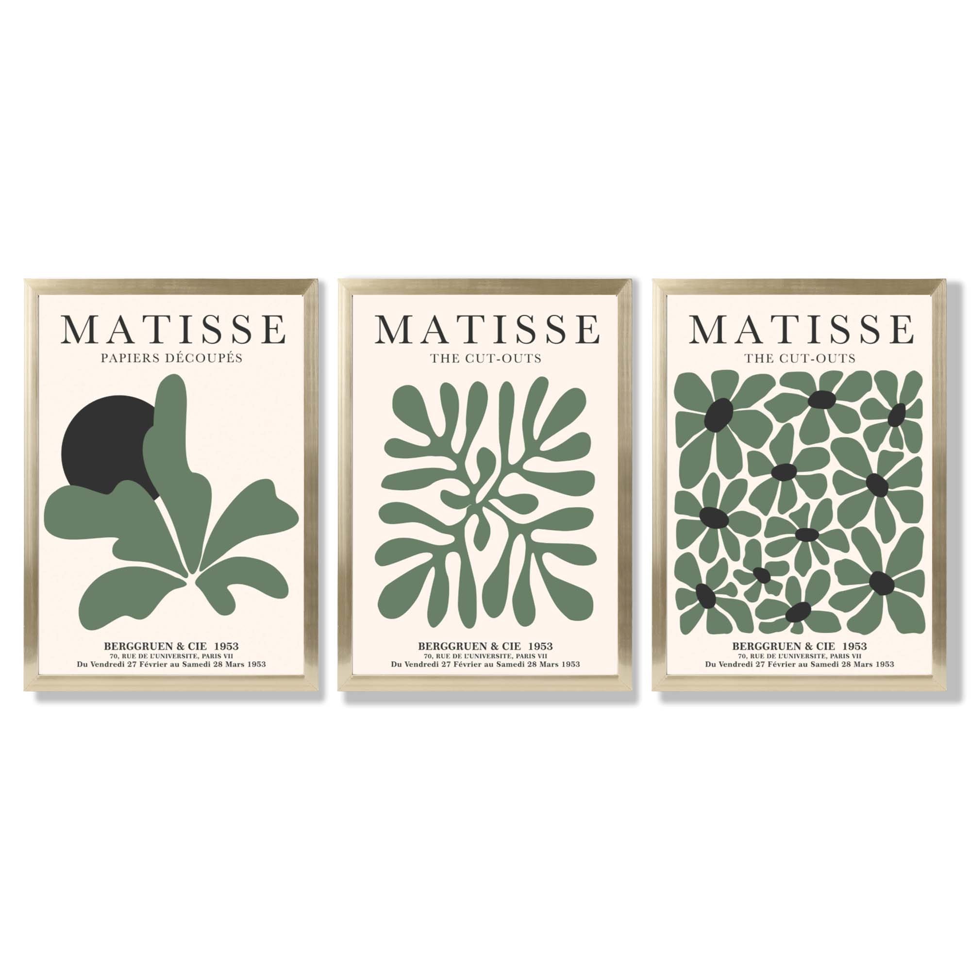 Set of 3 Matisse Floral Cutouts in Dark Green Framed Wall Art with Gold Wood Frames