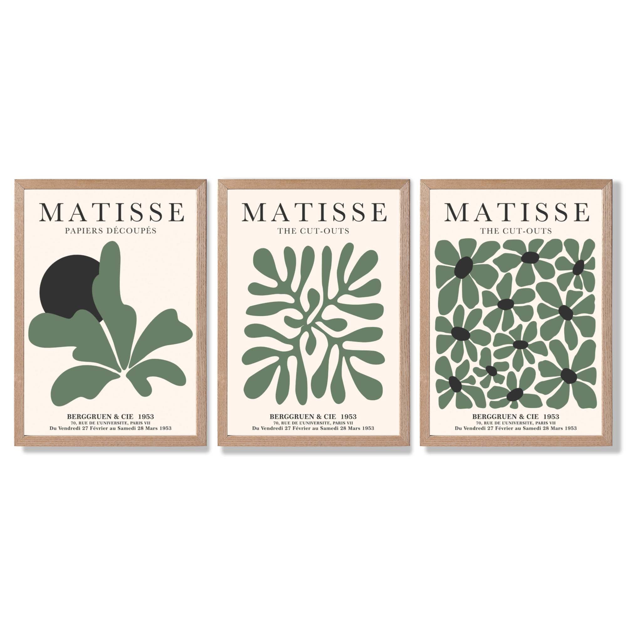 Set of 3 Matisse Floral Cutouts in Dark Green Framed Wall Art with Light Oak Frames