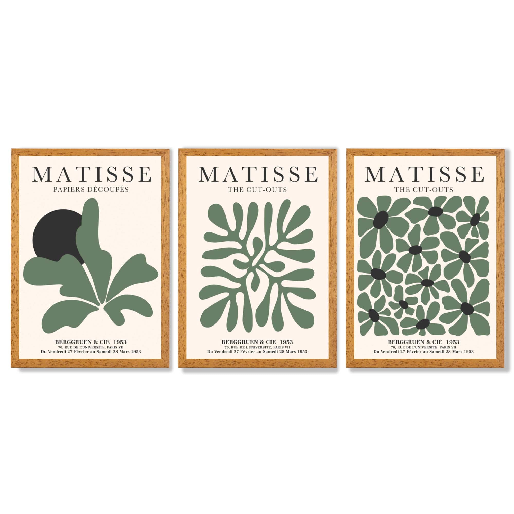 Set of 3 Matisse Floral Cutouts in Dark Green Framed Wall Art with Oak Wooden Frames