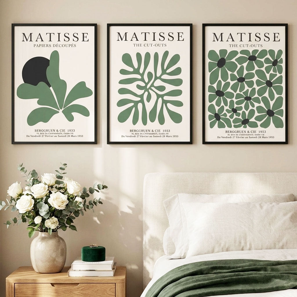 Set of 3 Matisse Floral Cutouts in Dark Green Art Prints in Gold Frames | Artze UK
