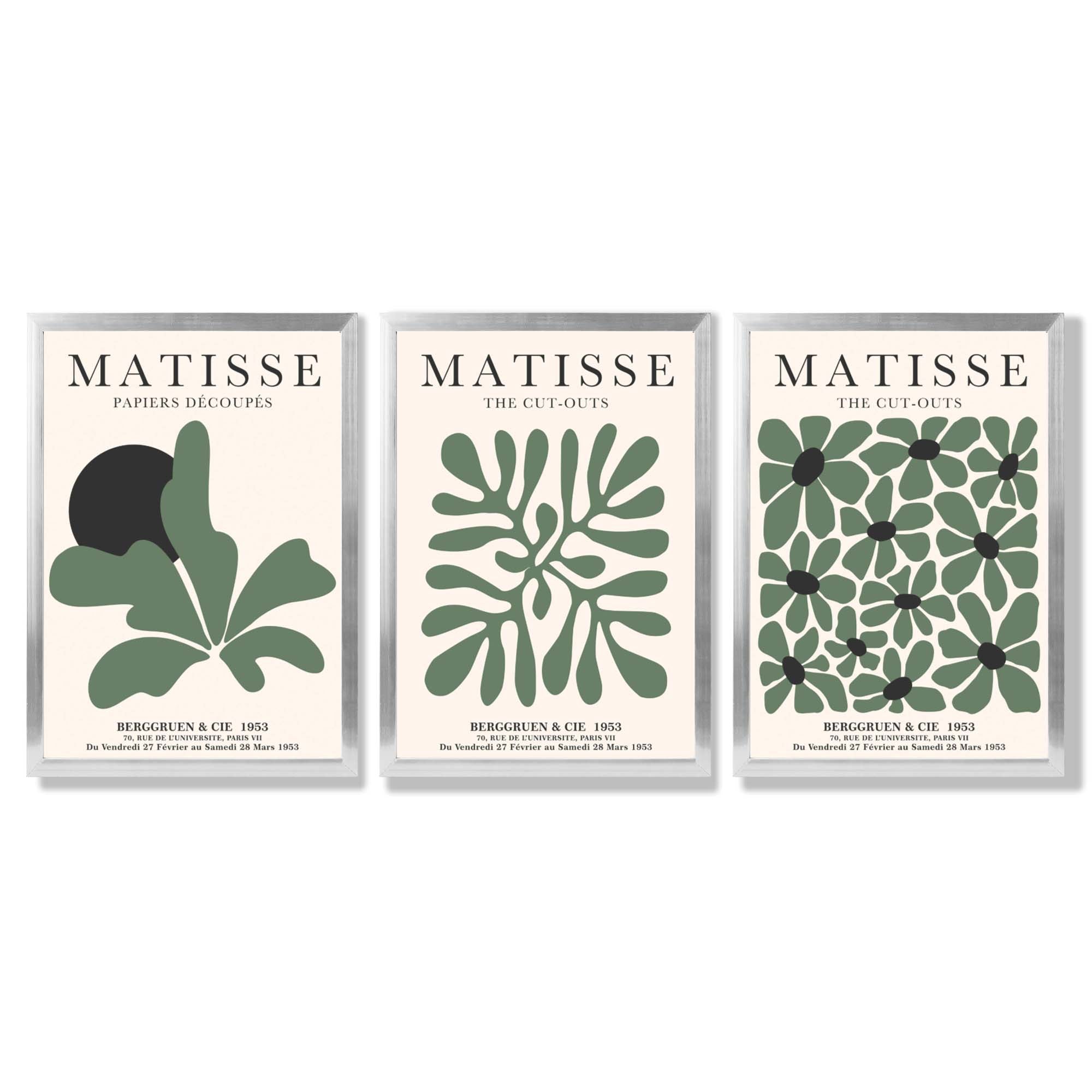 Set of 3 Matisse Floral Cutouts in Dark Green Framed Wall Art with Silver Wood Frames