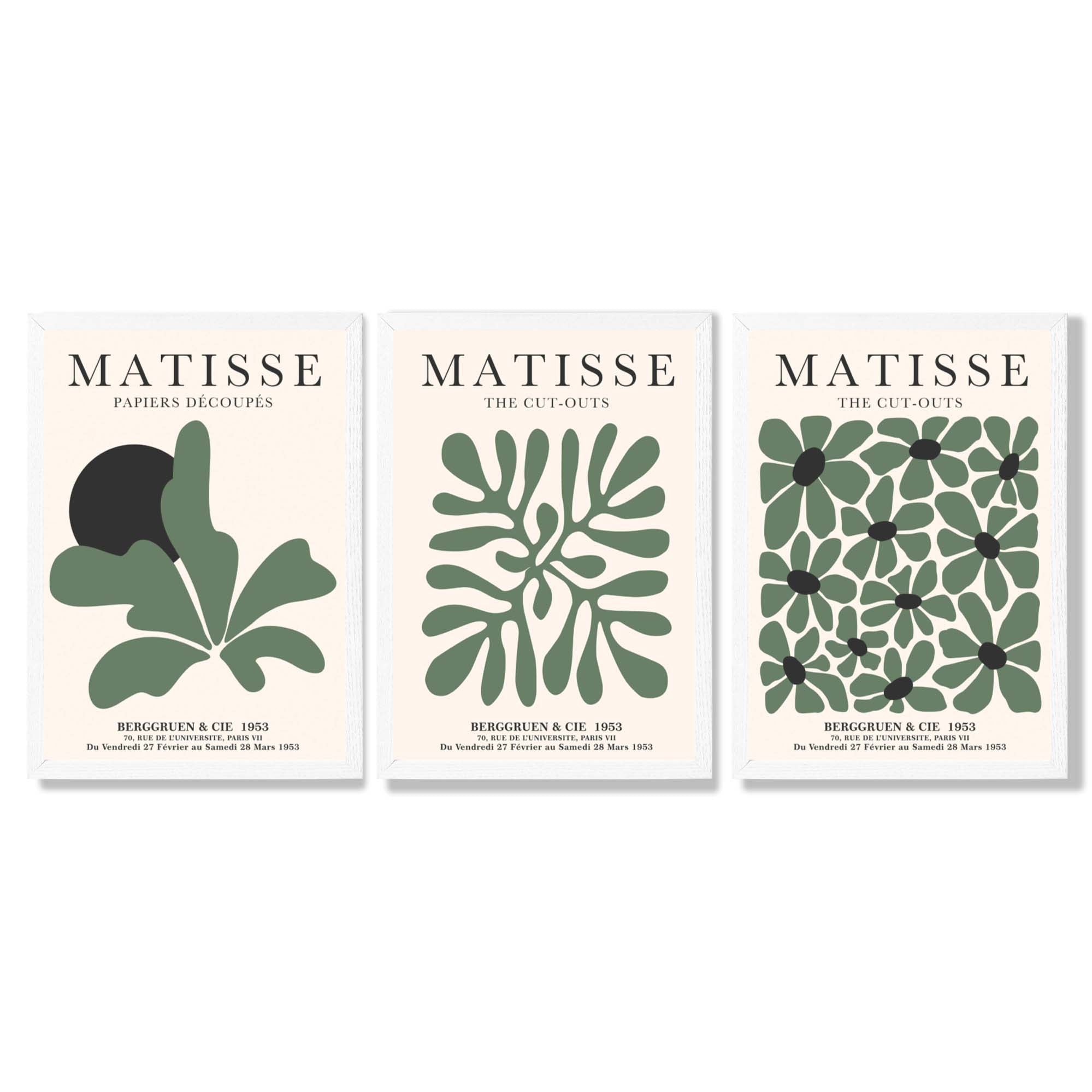 Set of 3 Matisse Floral Cutouts in Dark Green Framed Wall Art with White Wooden Frames