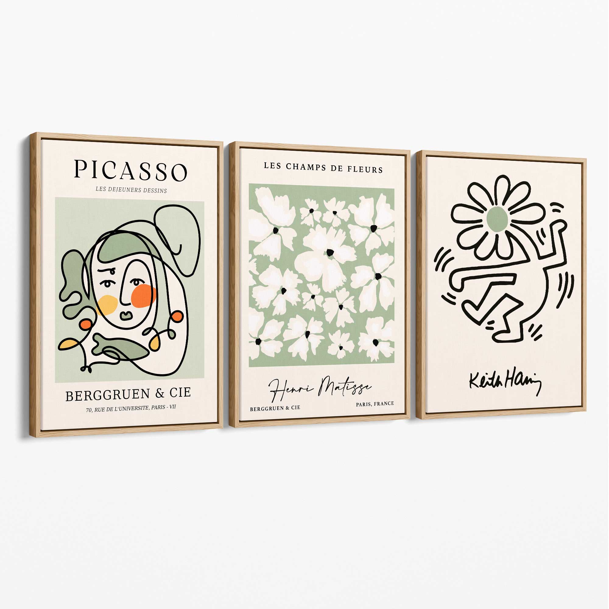 Set of 3 Modern Picasso, Keith Haring Flower in Sage Green Canvas Wall Art with Oak Float Frame