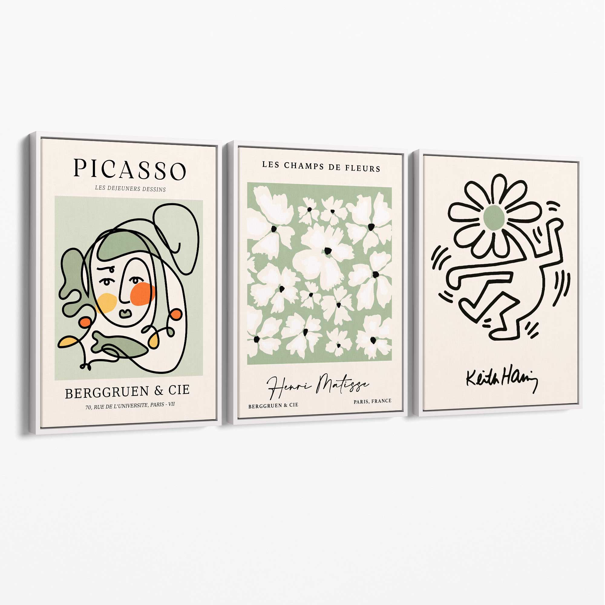 Set of 3 Modern Picasso, Keith Haring Flower in Sage Green Canvas Wall Art with White Float Frame