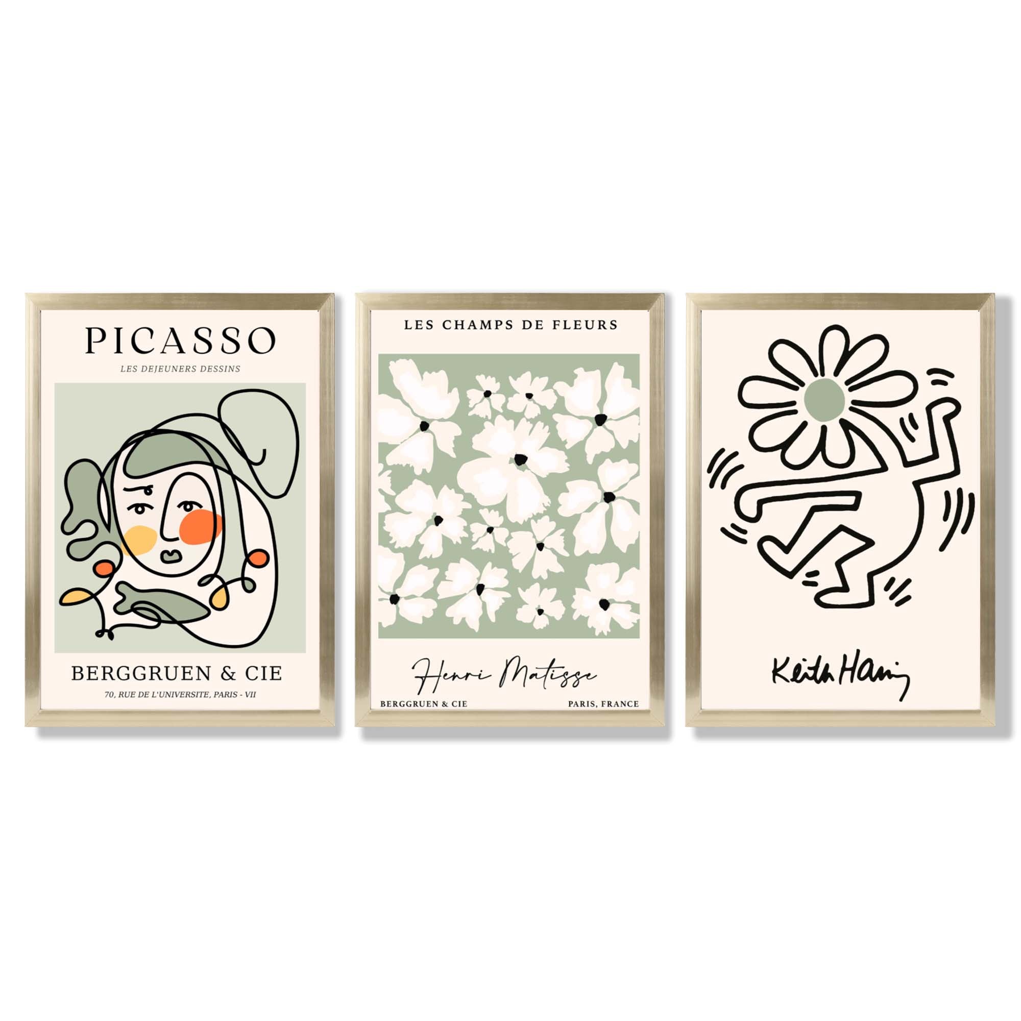 Set of 3 Modern Picasso, Keith Haring Flower in Sage Green Framed Wall Art with Gold Wood Frames