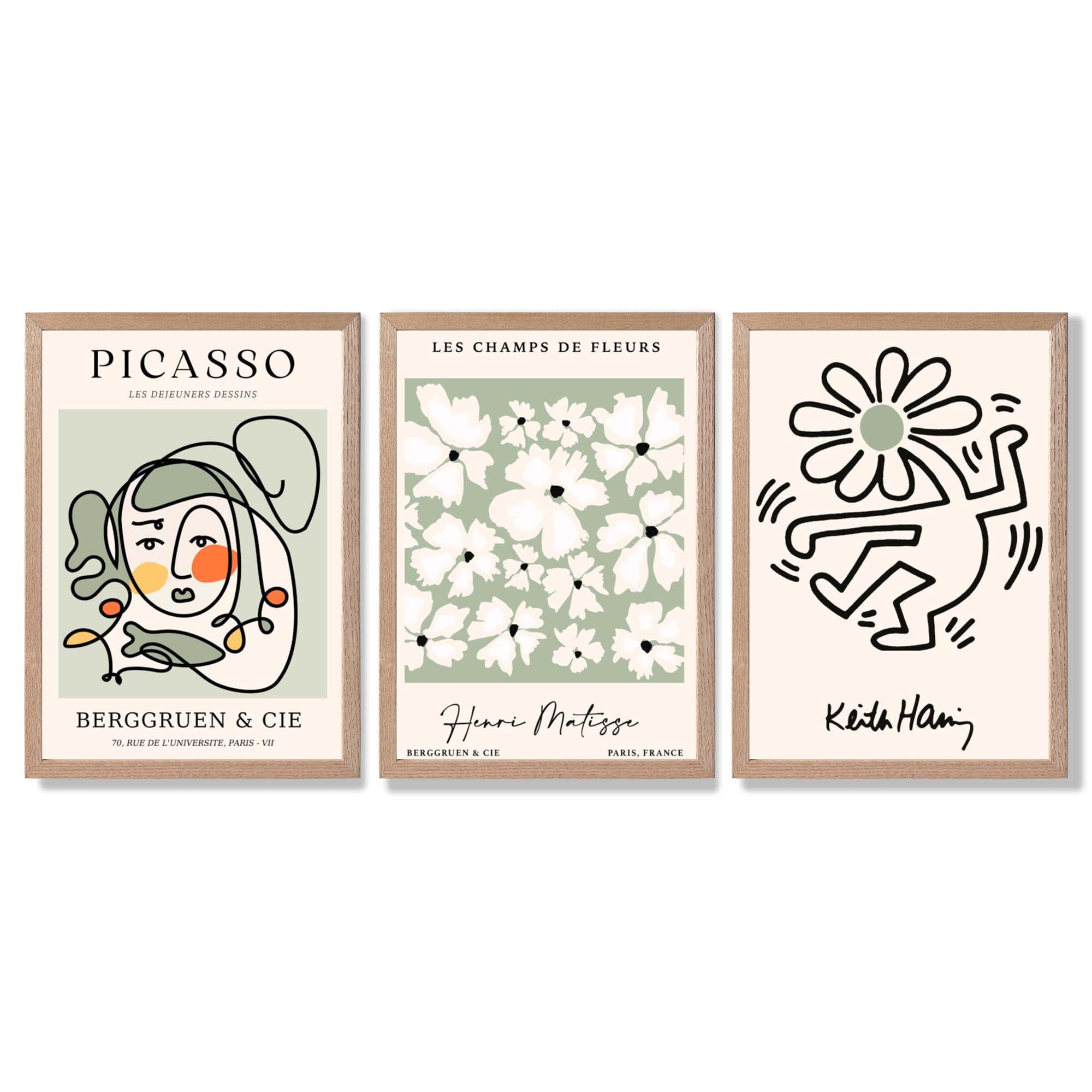 Set of 3 Modern Picasso, Keith Haring Flower in Sage Green Framed Wall Art with Light Oak Frames